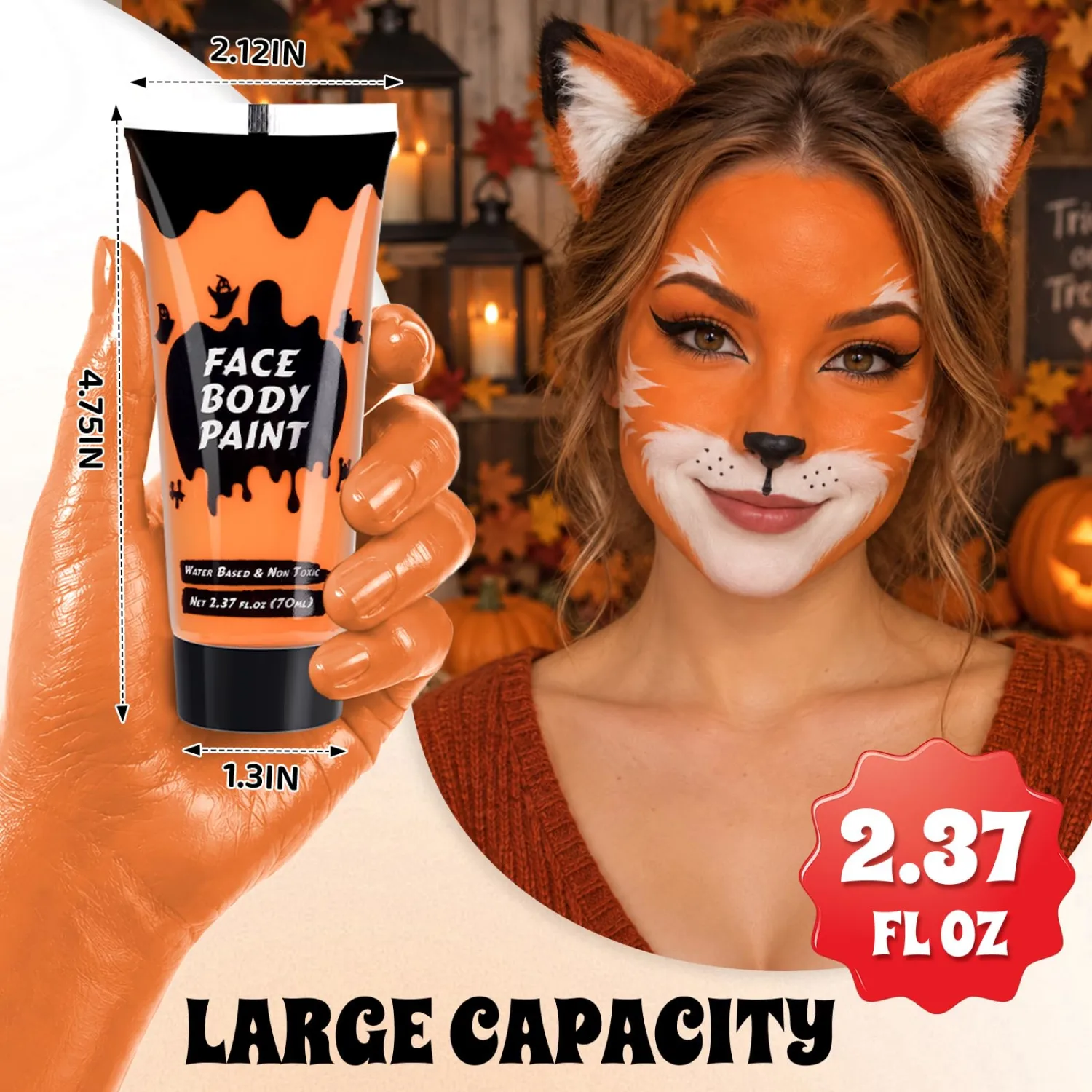 Orange Cream Face Body Paint,Full-Coverage Washable 2.37 Oz Large Tube