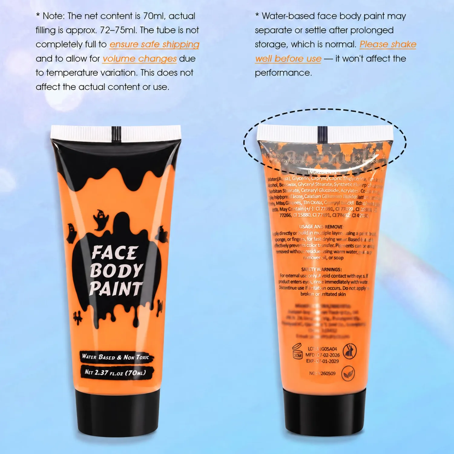 Orange Cream Face Body Paint,Full-Coverage Washable 2.37 Oz Large Tube