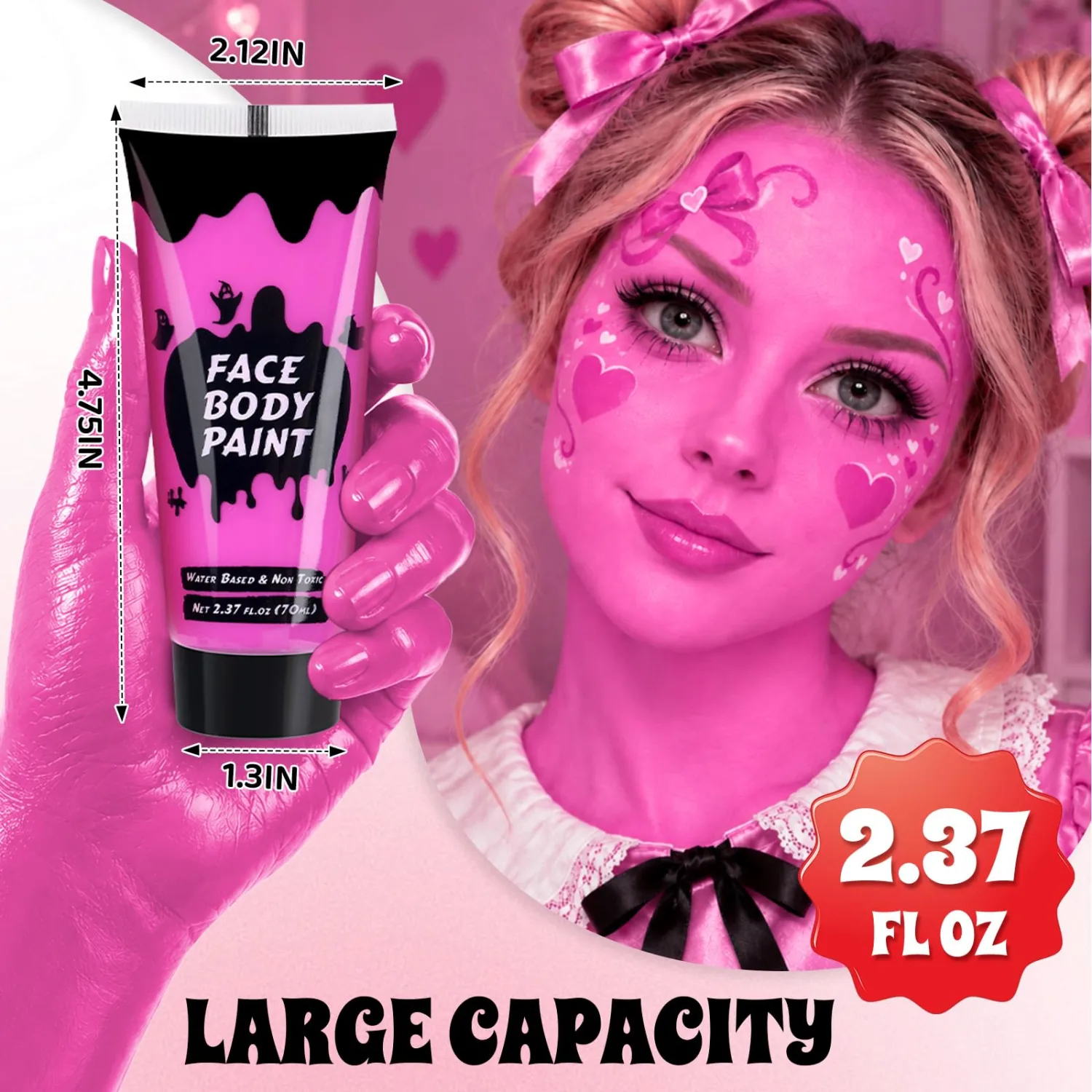 Pink Cream Face Body Paint,Full-Coverage Washable 2.37 Oz Large Tube