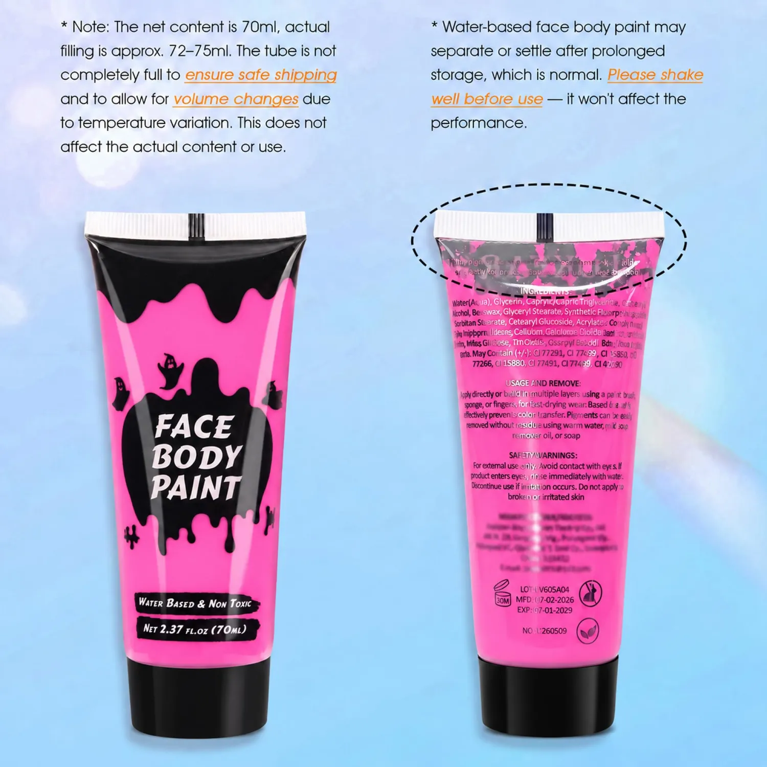 Pink Cream Face Body Paint,Full-Coverage Washable 2.37 Oz Large Tube
