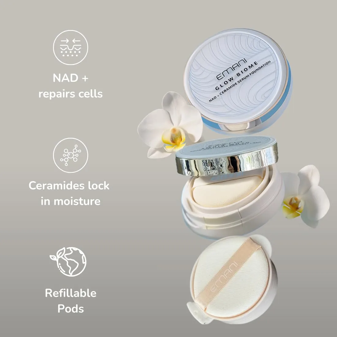 EMANI Glow Biome NAD+ Serum Foundation Refillable Pod, 0.63 Fl Oz