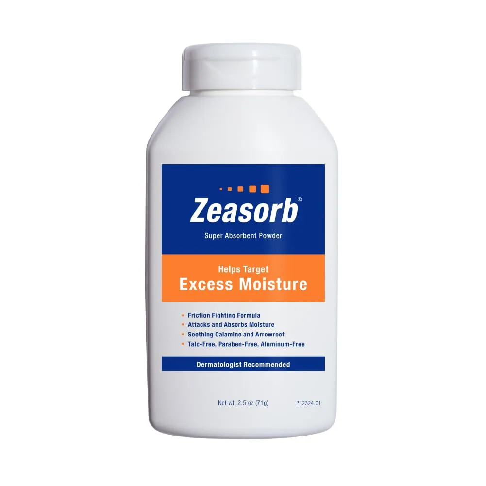 Zeasorb Excess Moisture Control Super Absorbent Foot & Body Powder, Dermatologist Recommended, Friction-Fighting Formula with Patented Odor Control Technology, 2.5 oz bottle