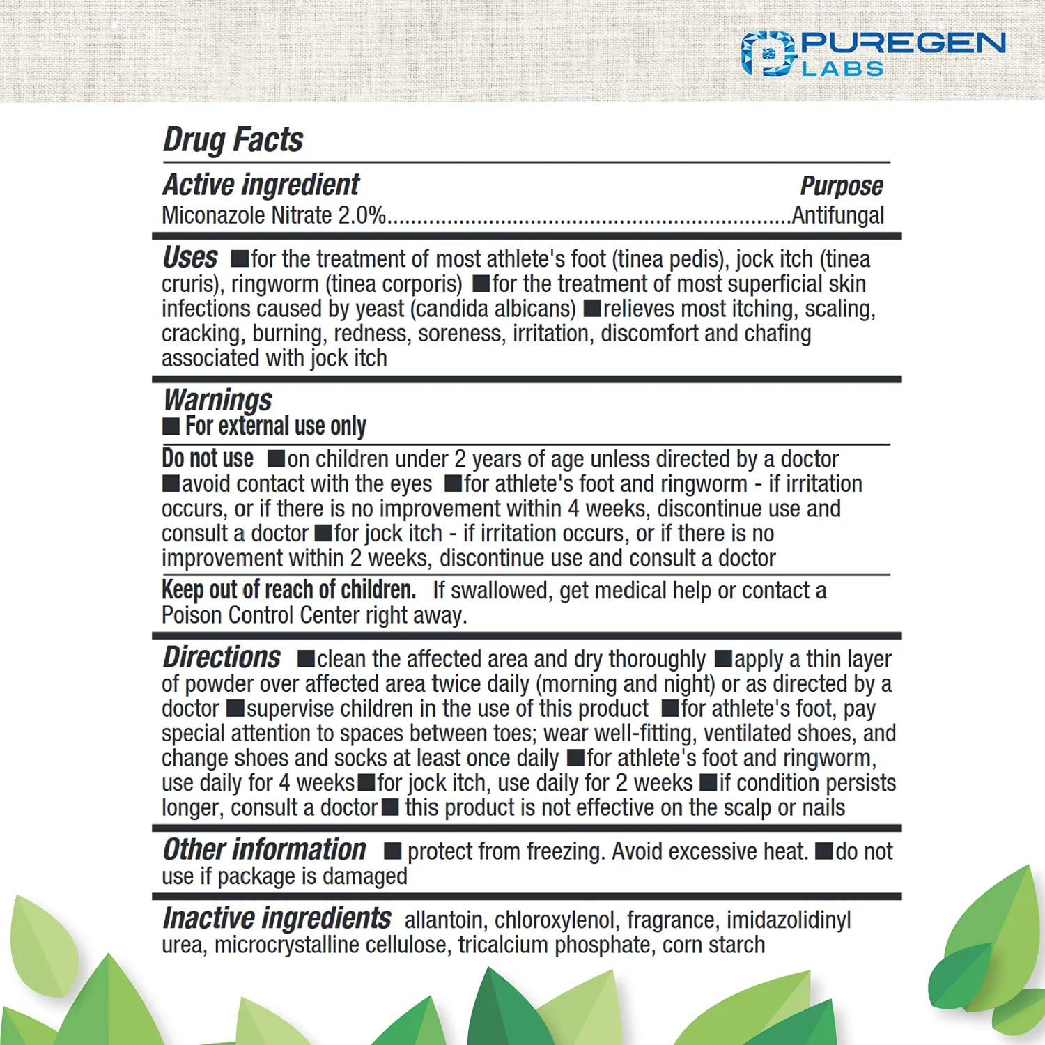 Puregen Labs Antifungal Powder with 2% Miconazole Nitrate, 3 oz (85g)
