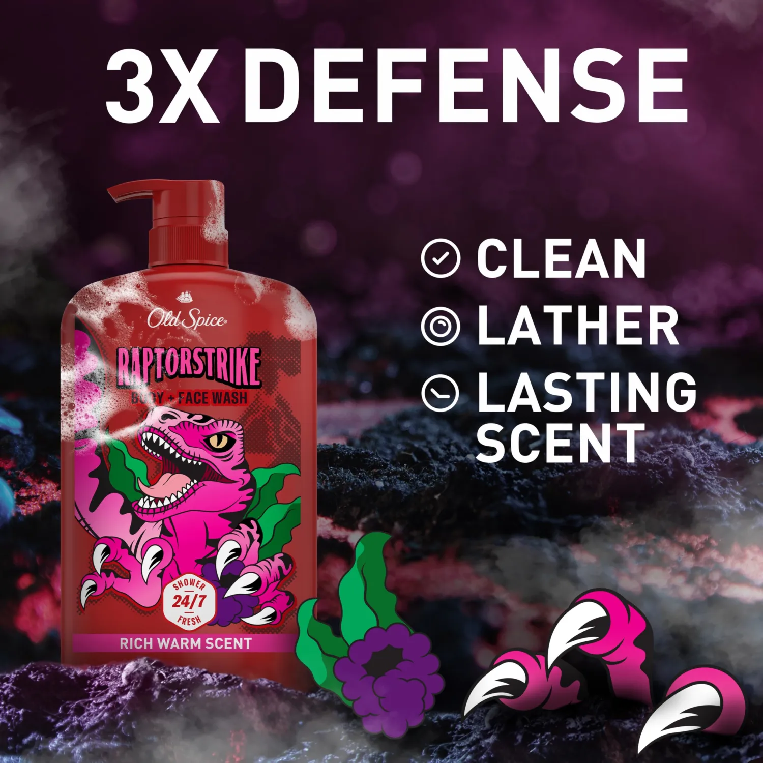 Old Spice Cleansing Body Wash for Men,3X Defense,24/7 Shower Fresh with Lasting Scent,2-in-1 Body & Face Wash,Raptorstrike with Dark Berry Scent,33.4 oz,(Pack of 2)