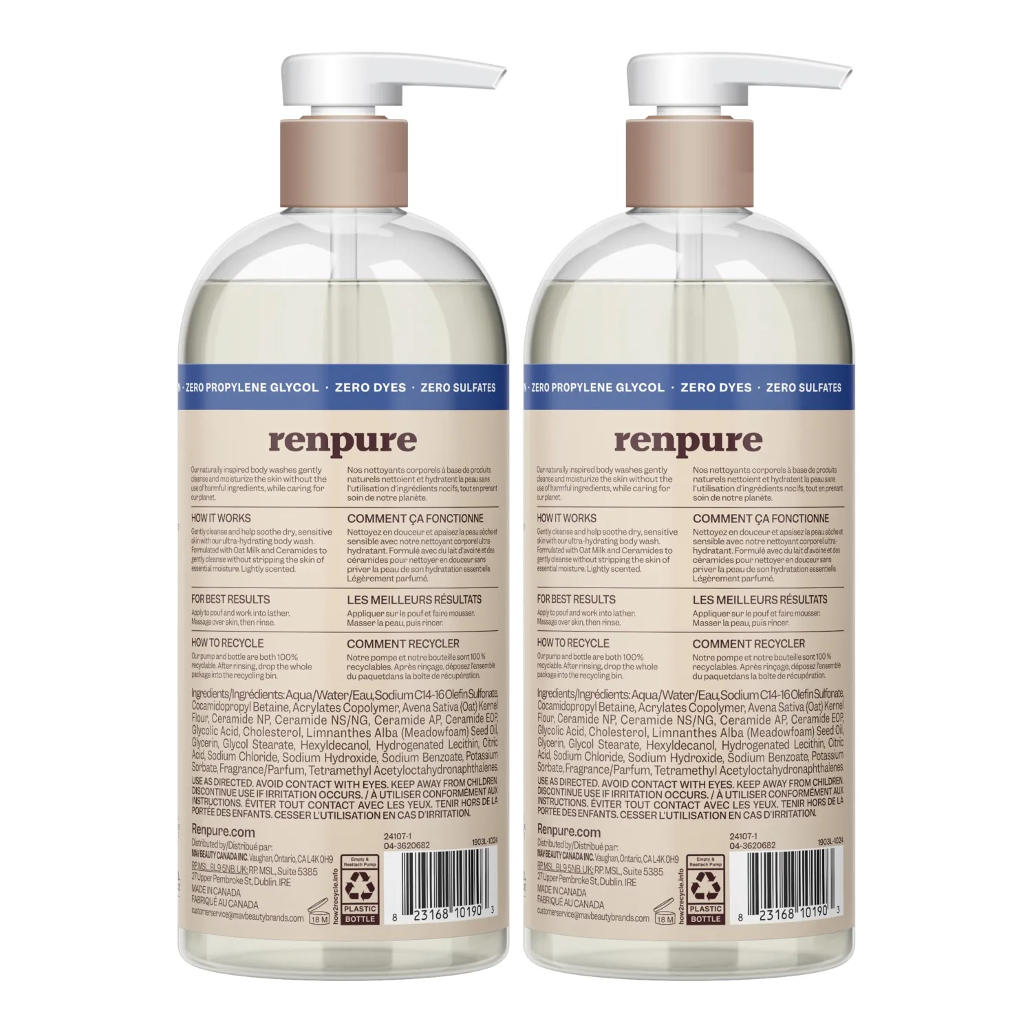 RENPURE Oat Milk & Ceramides Body Wash Set for Sensitive Skin, 2x24oz