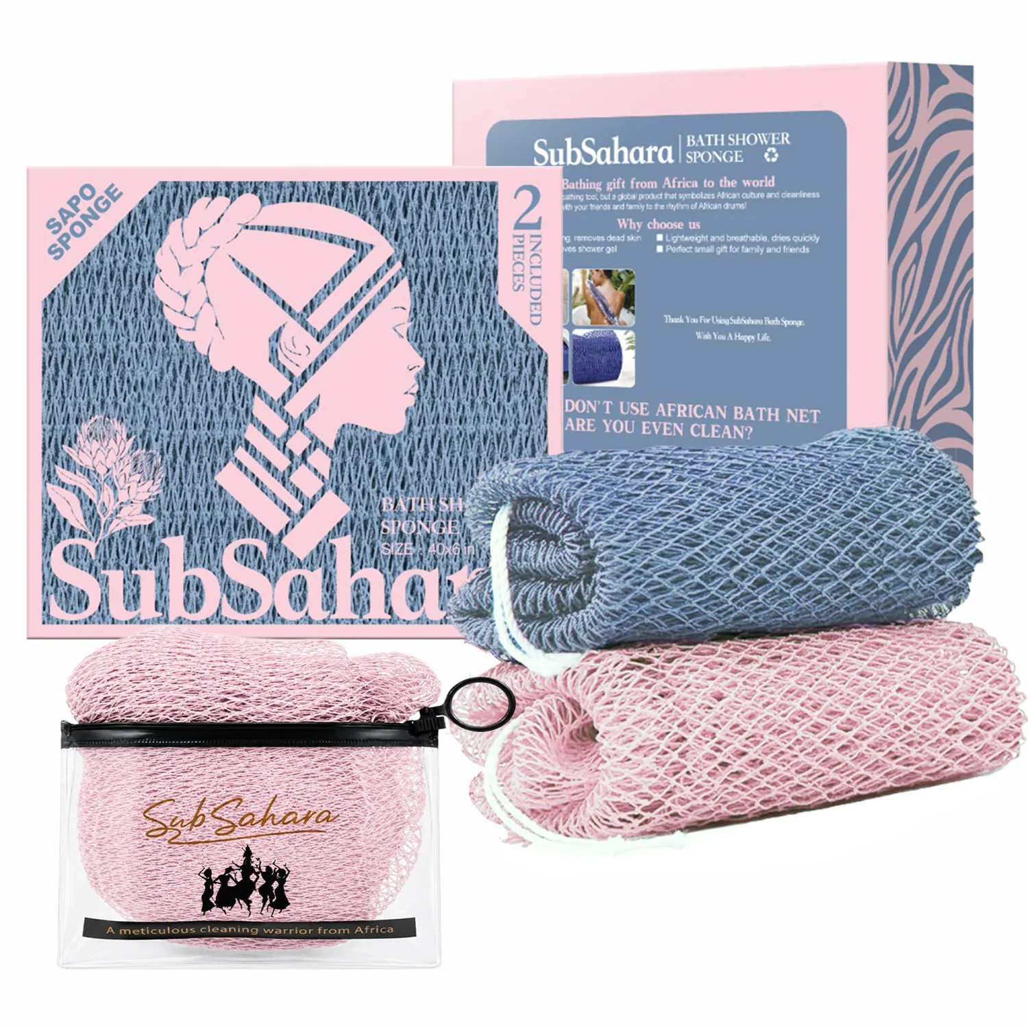 SubSahara African Net Sponge, 2 Pack 45-Inch Exfoliating Body Scrubber