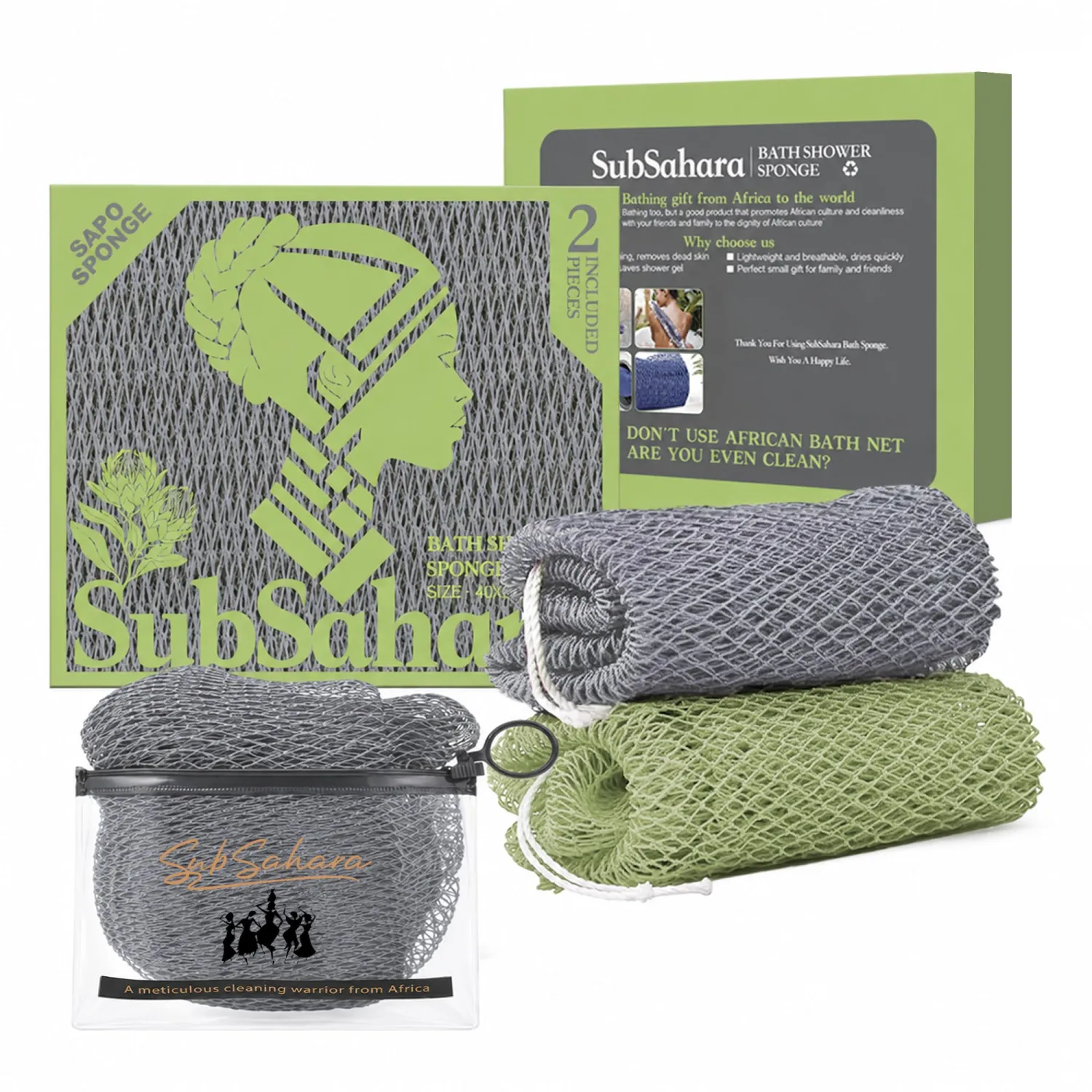 SubSahara African Net Sponge, 2 Pack 45-Inch Exfoliating Body Scrubber