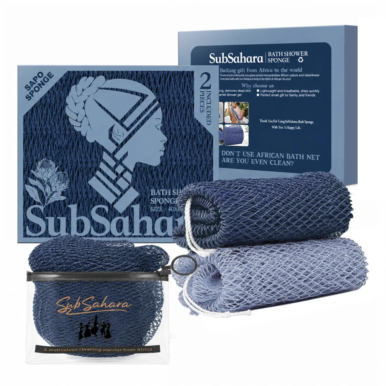 SubSahara African Net Sponge, 2 Pack 45-Inch Exfoliating Body Scrubber
