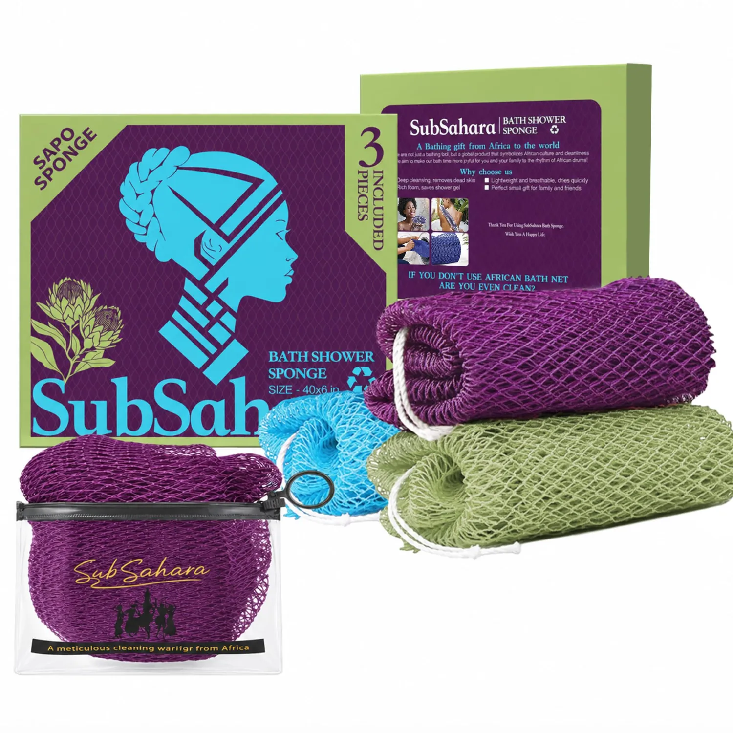 SubSahara African Net Sponge, 3 Pack 45-Inch Exfoliating Body Scrubber
