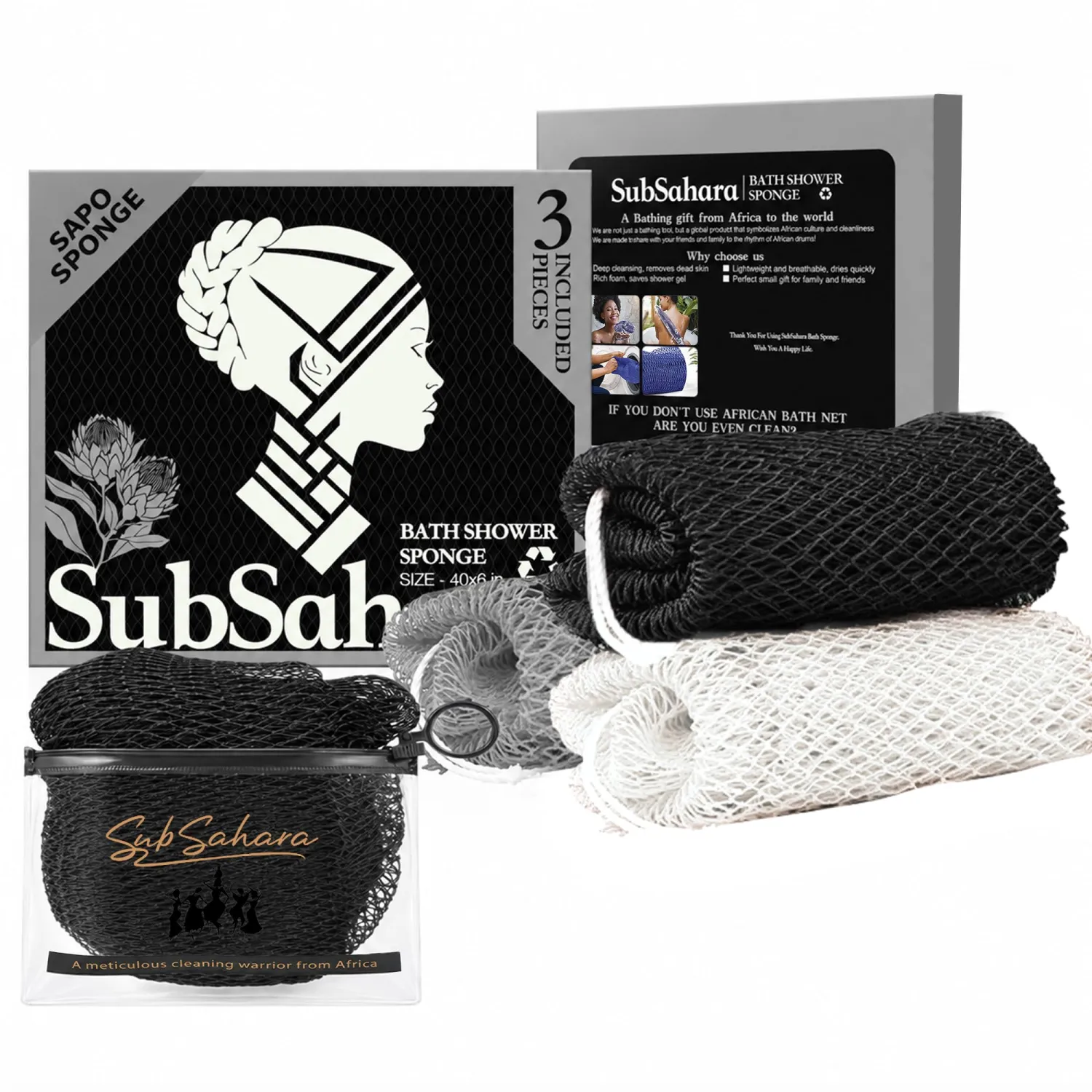SubSahara African Net Sponge, 3 Pack 45-Inch Exfoliating Body Scrubber