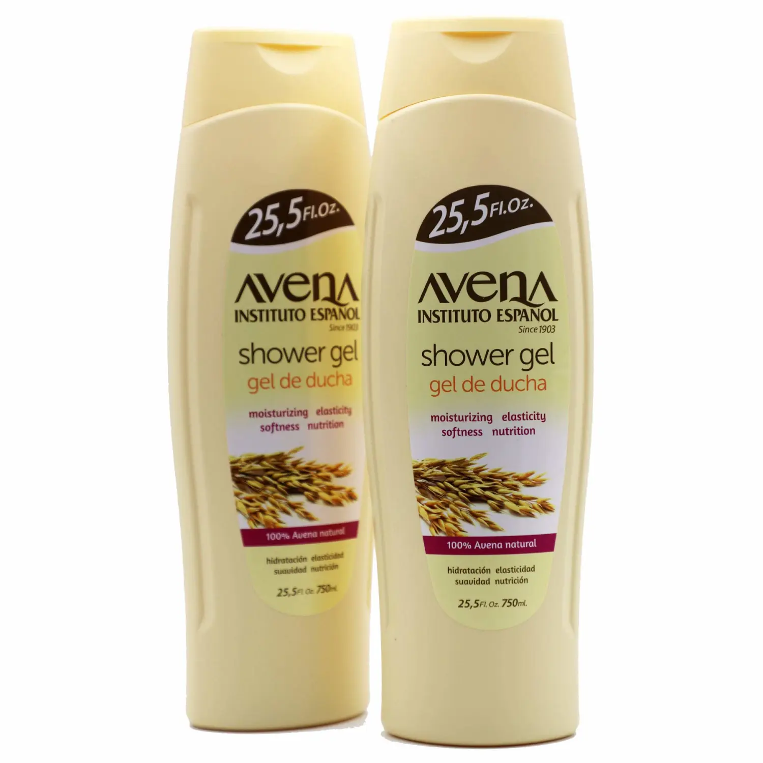 Avena Instituto Espanol Shower Gel, Moisturizing and Softeness, Elasticity and Nutrition, 100% Natural Oat, 2-Pack of 25.5 FL Oz each, 2 Bottles