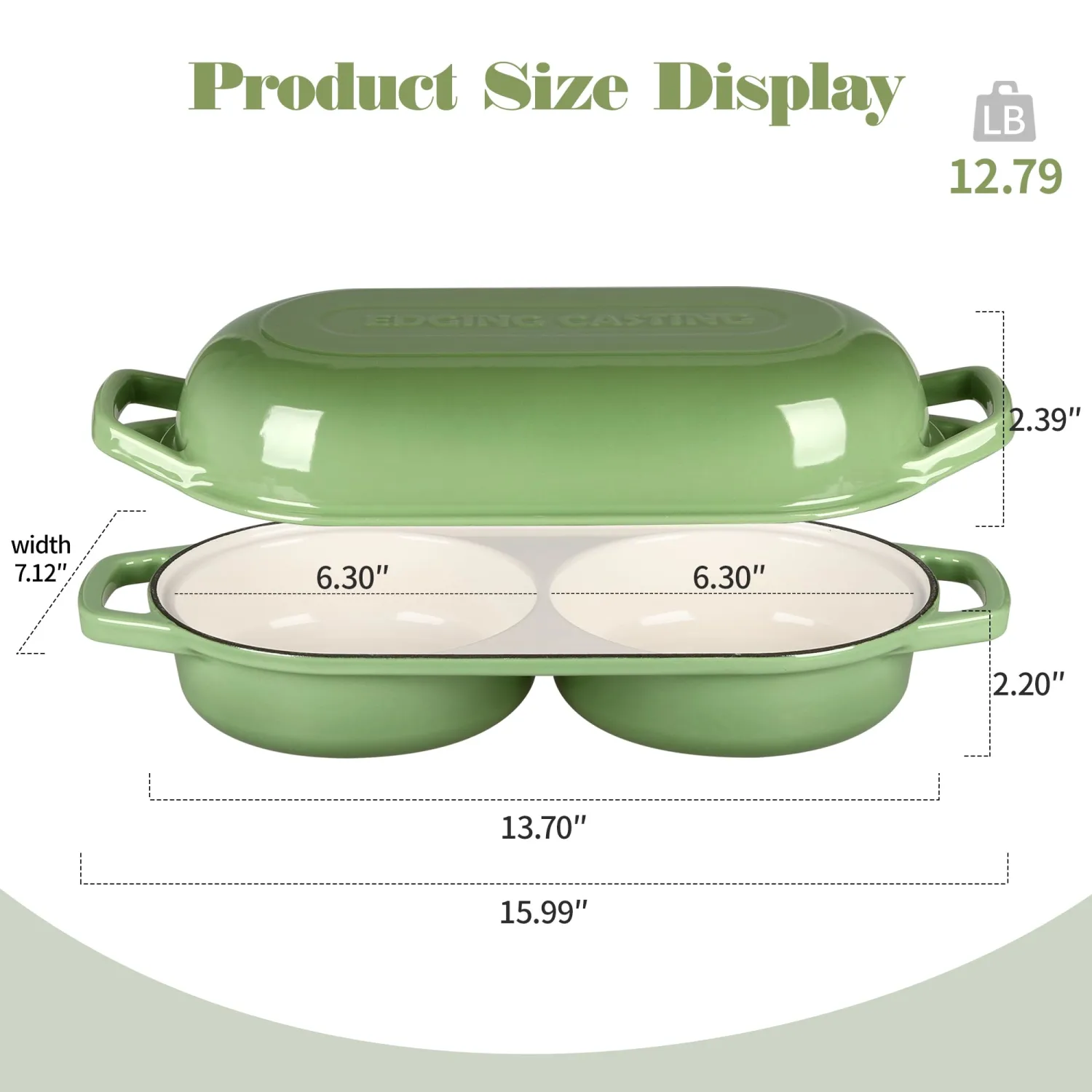 EDGING CASTING Enameled Cast Iron Double Bread Dutch Oven, Pistachio Green
