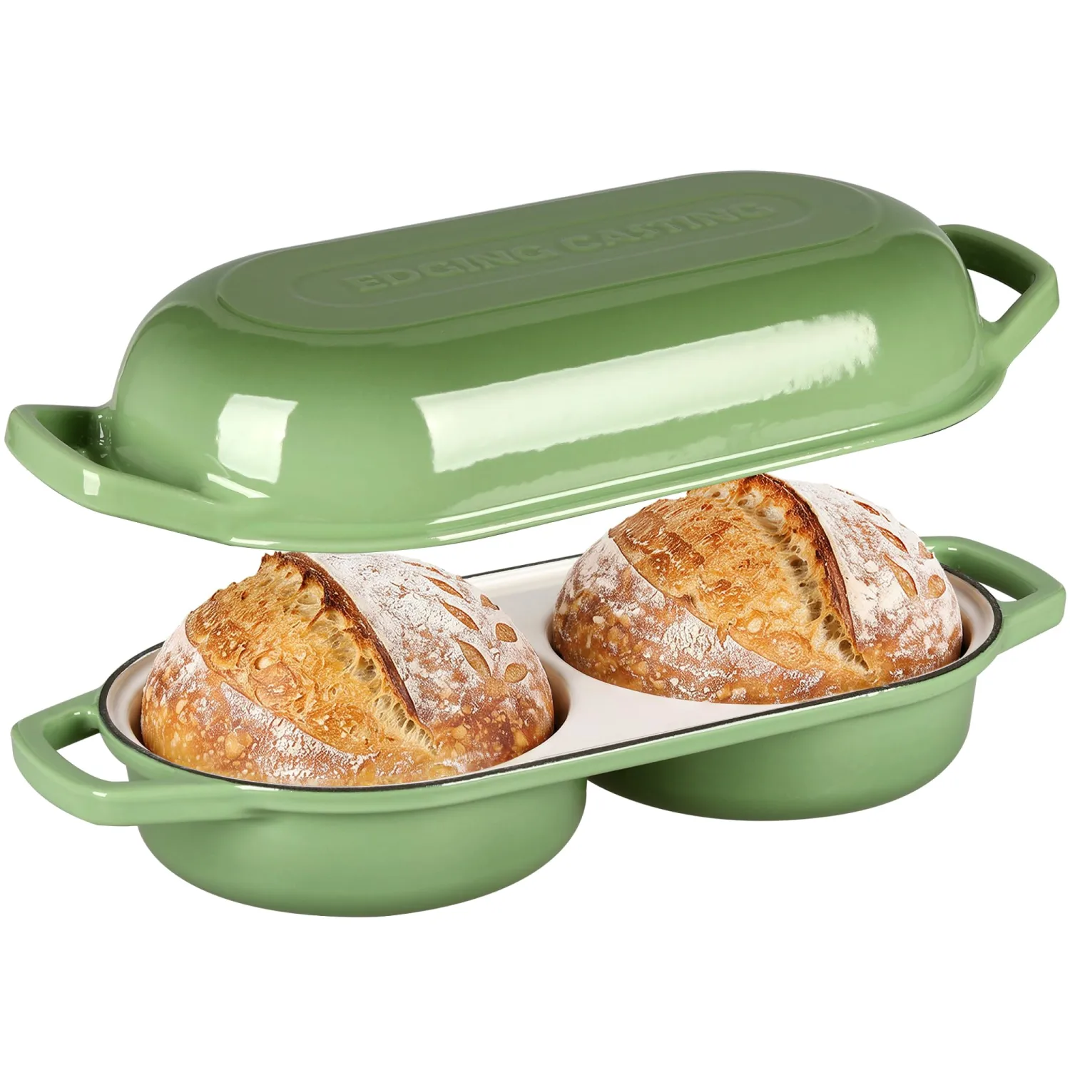 EDGING CASTING Enameled Cast Iron Double Bread Dutch Oven, Pistachio Green
