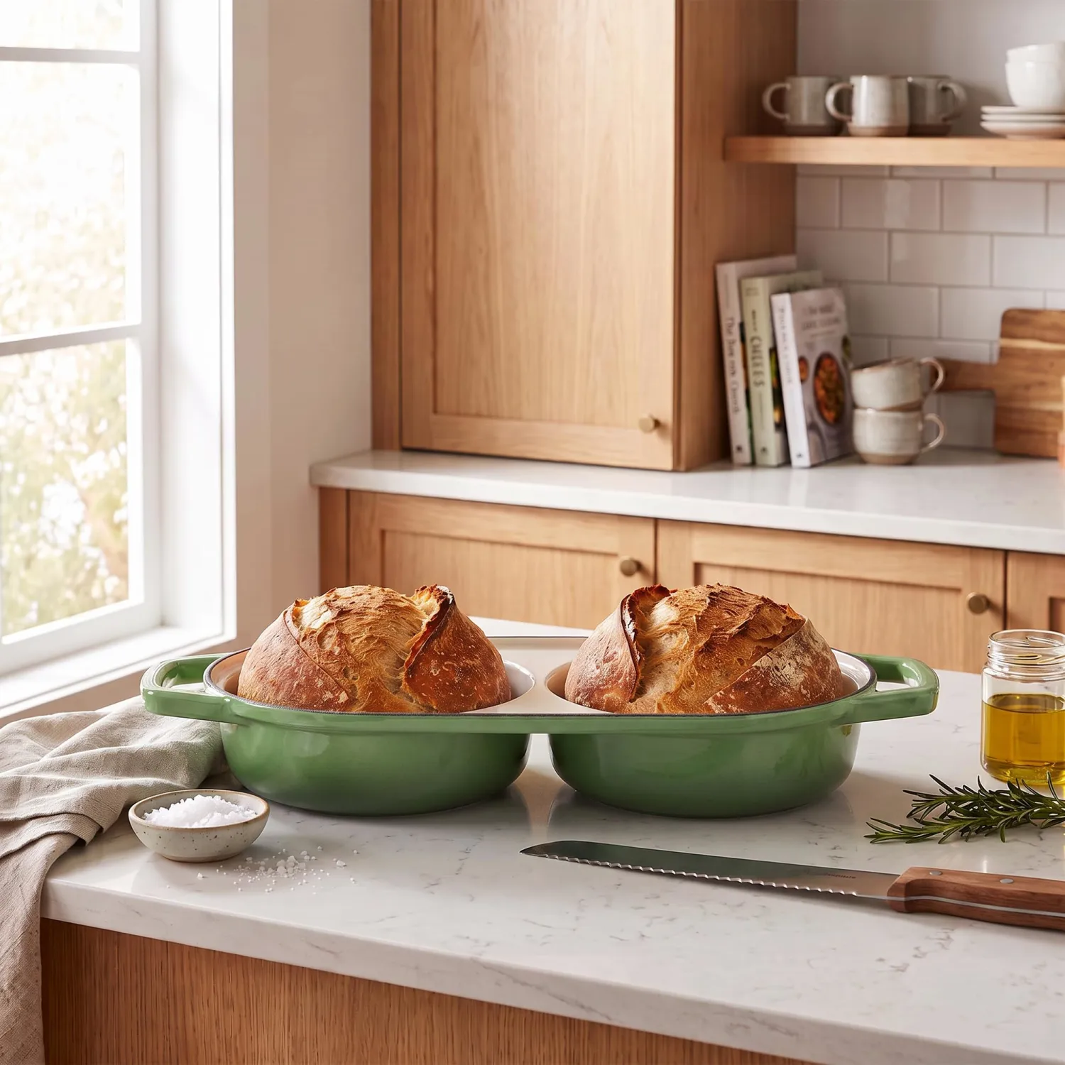 EDGING CASTING Enameled Cast Iron Double Bread Dutch Oven, Pistachio Green