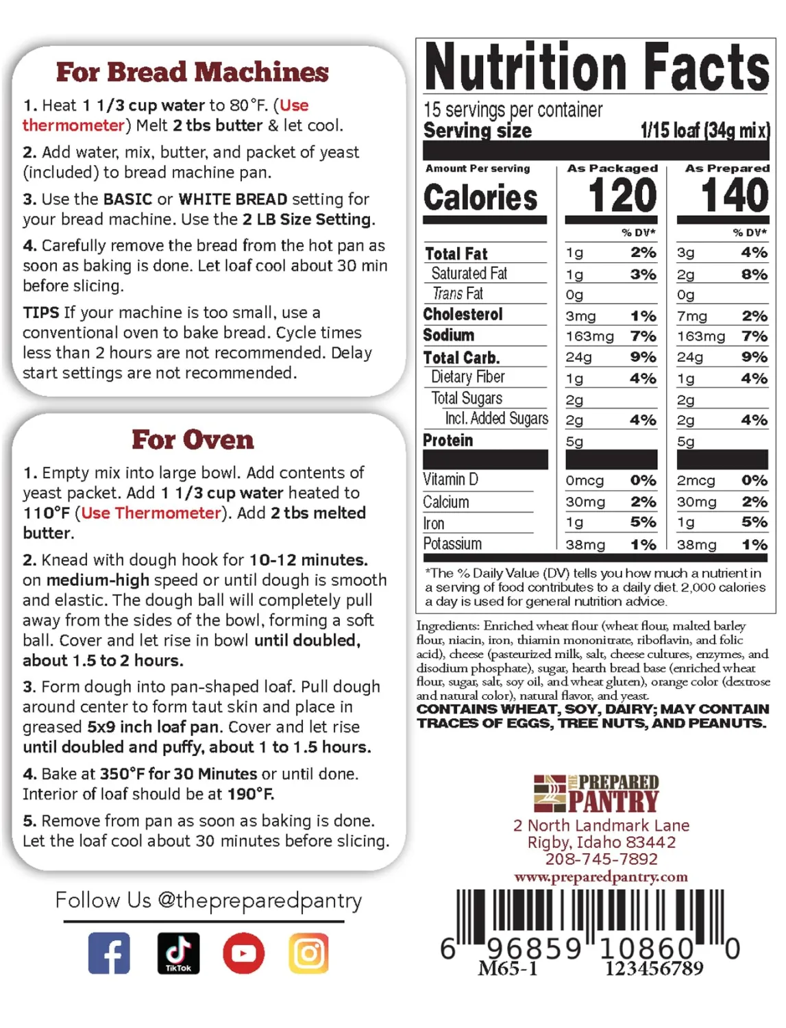 The Prepared Pantry Cheddar Cheese Bread Mix; Single Pack; For Bread Machine or Oven