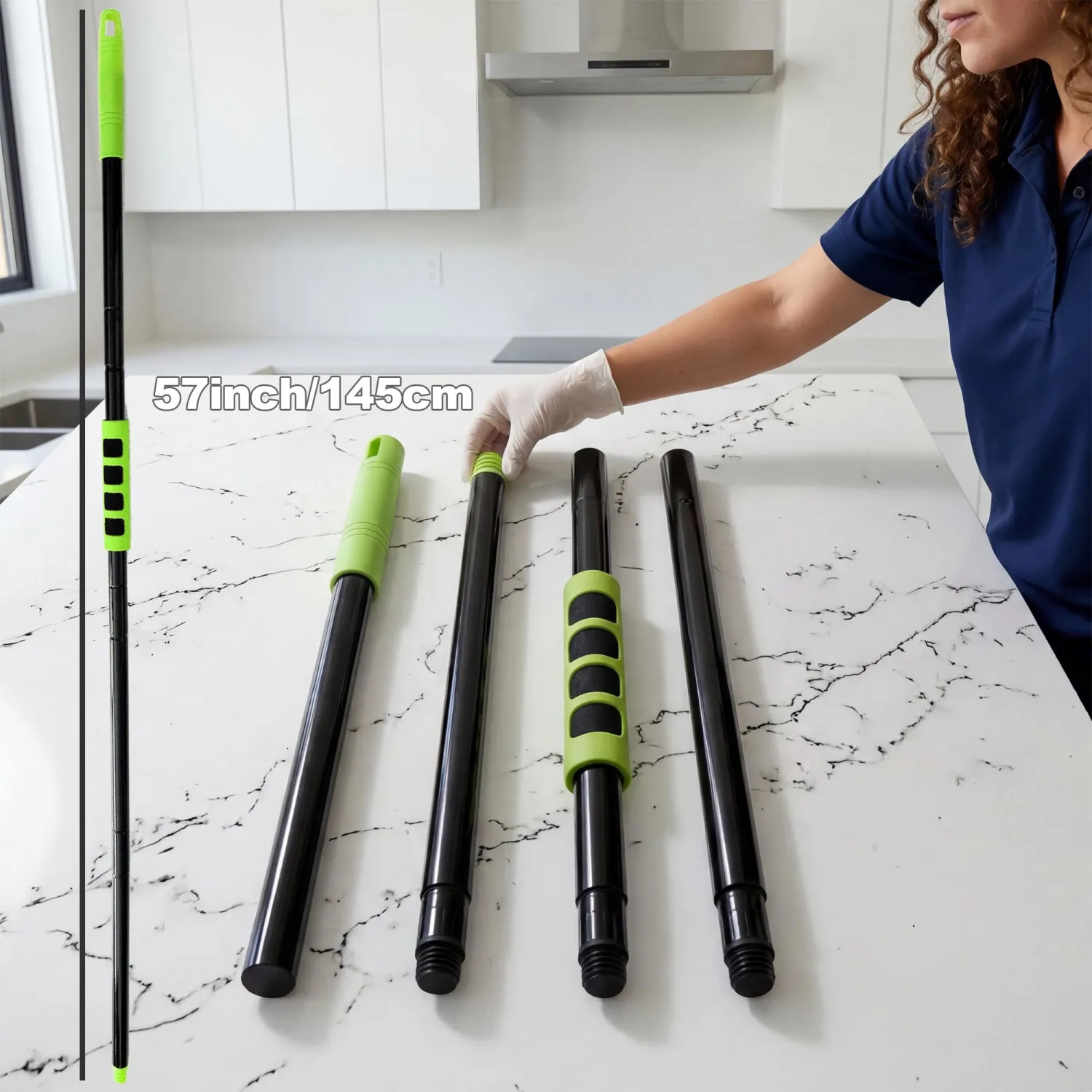 4-Section Mop & Broom Handle, 57 Inch/145cm Heavy Duty Pole with EVA Foam Soft Grip, Standard American Threading, Universal Replacement Handle for Most Mop and Broom Heads (Black+Green)