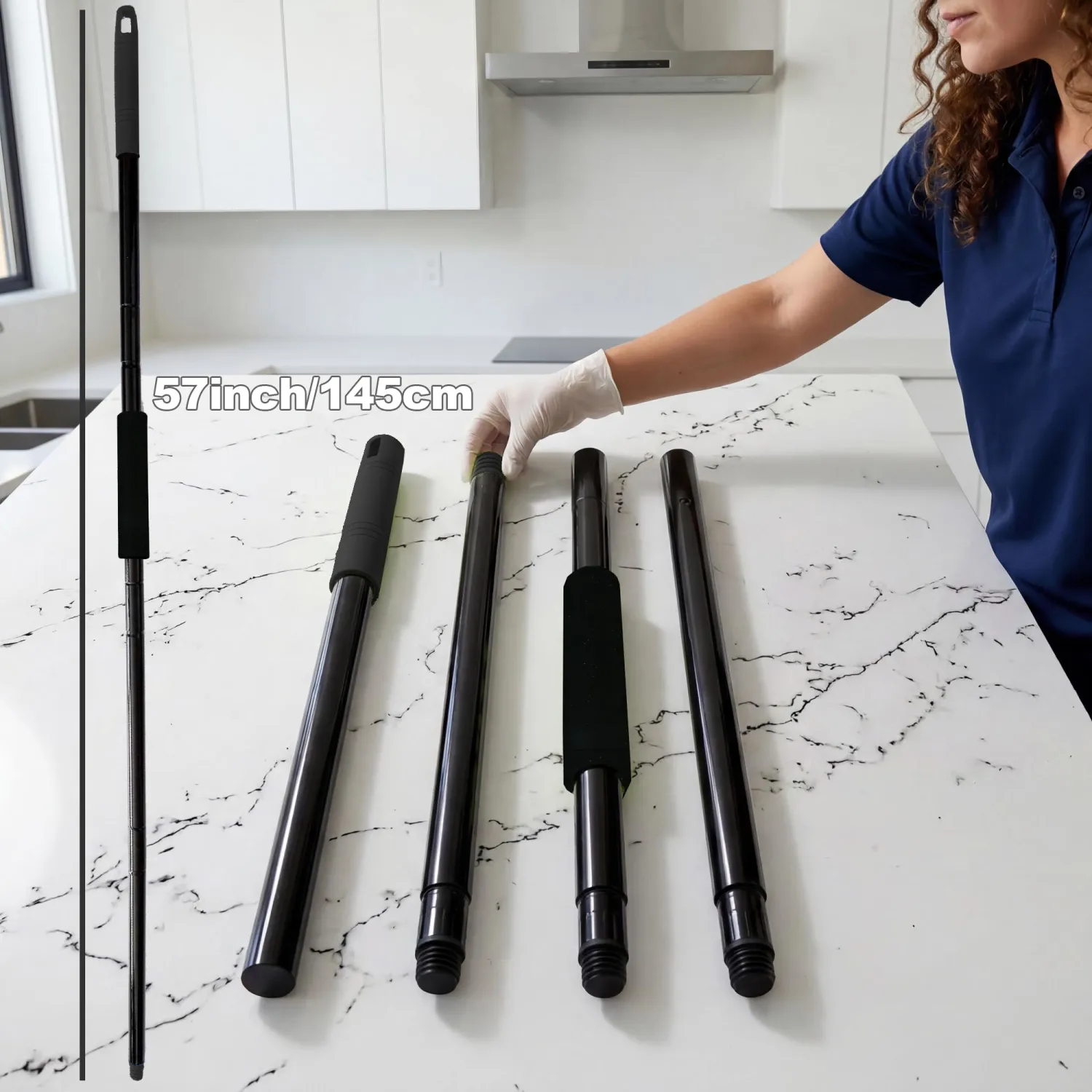 4-Section Mop & Broom Handle, 57 Inch/145cm Heavy Duty Pole with EVA Foam Soft Grip, Standard American Threading, Universal Replacement Handle for Most Mop and Broom Heads (Black)