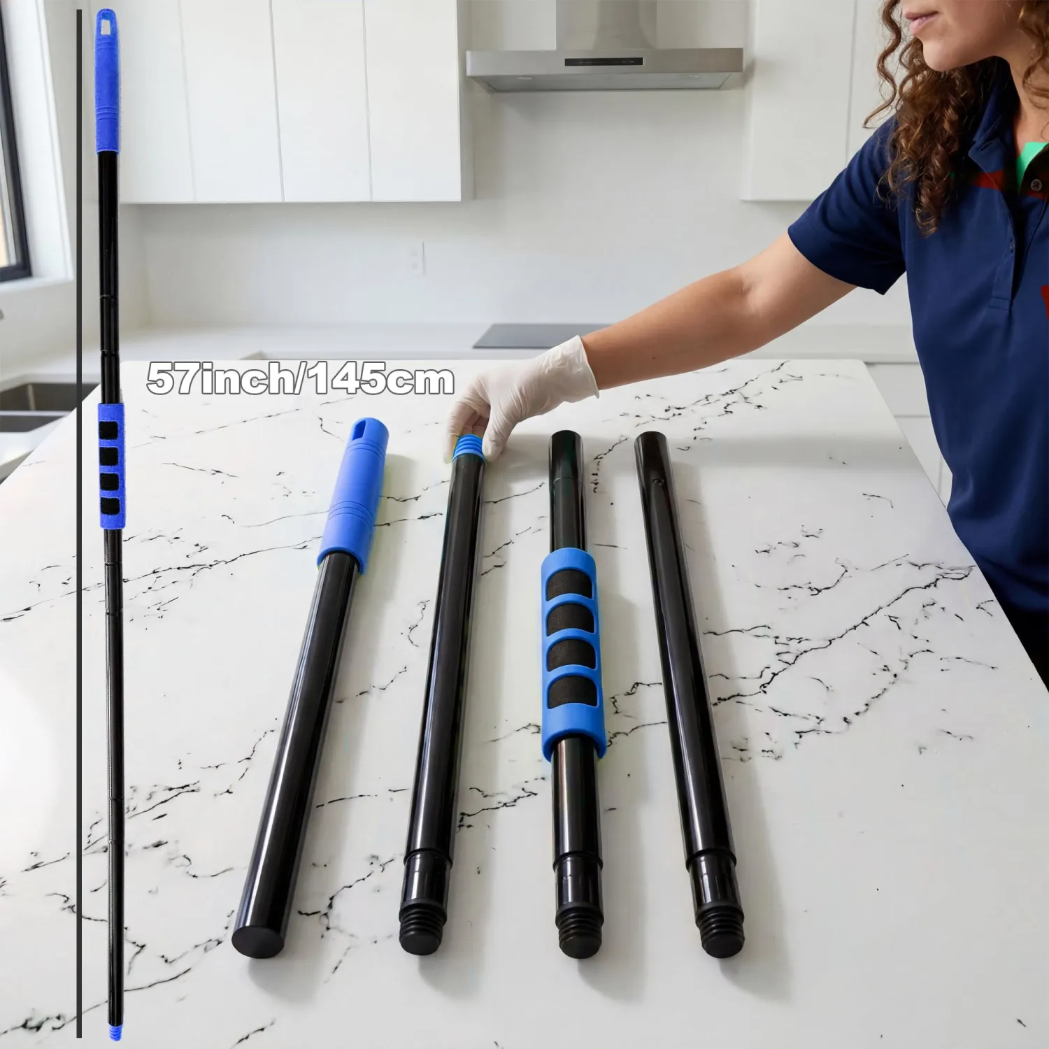 4-Section Mop & Broom Handle, 57 Inch/145cm Heavy Duty Pole with EVA Foam Soft Grip, Standard American Threading, Universal Replacement Handle for Most Mop and Broom Heads (Black+Blue)