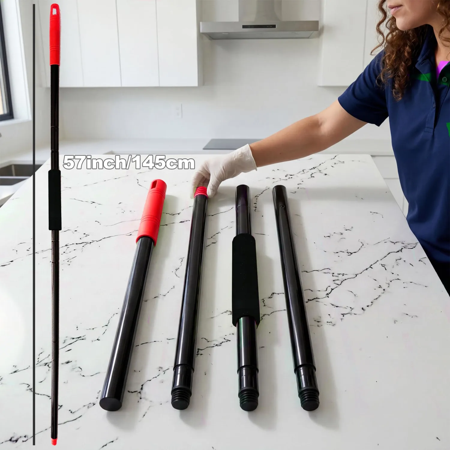 4-Section Mop & Broom Handle, 57 Inch/145cm Heavy Duty Pole with EVA Foam Soft Grip, Standard American Threading, Universal Replacement Handle for Most Mop and Broom Heads (Black+Red)