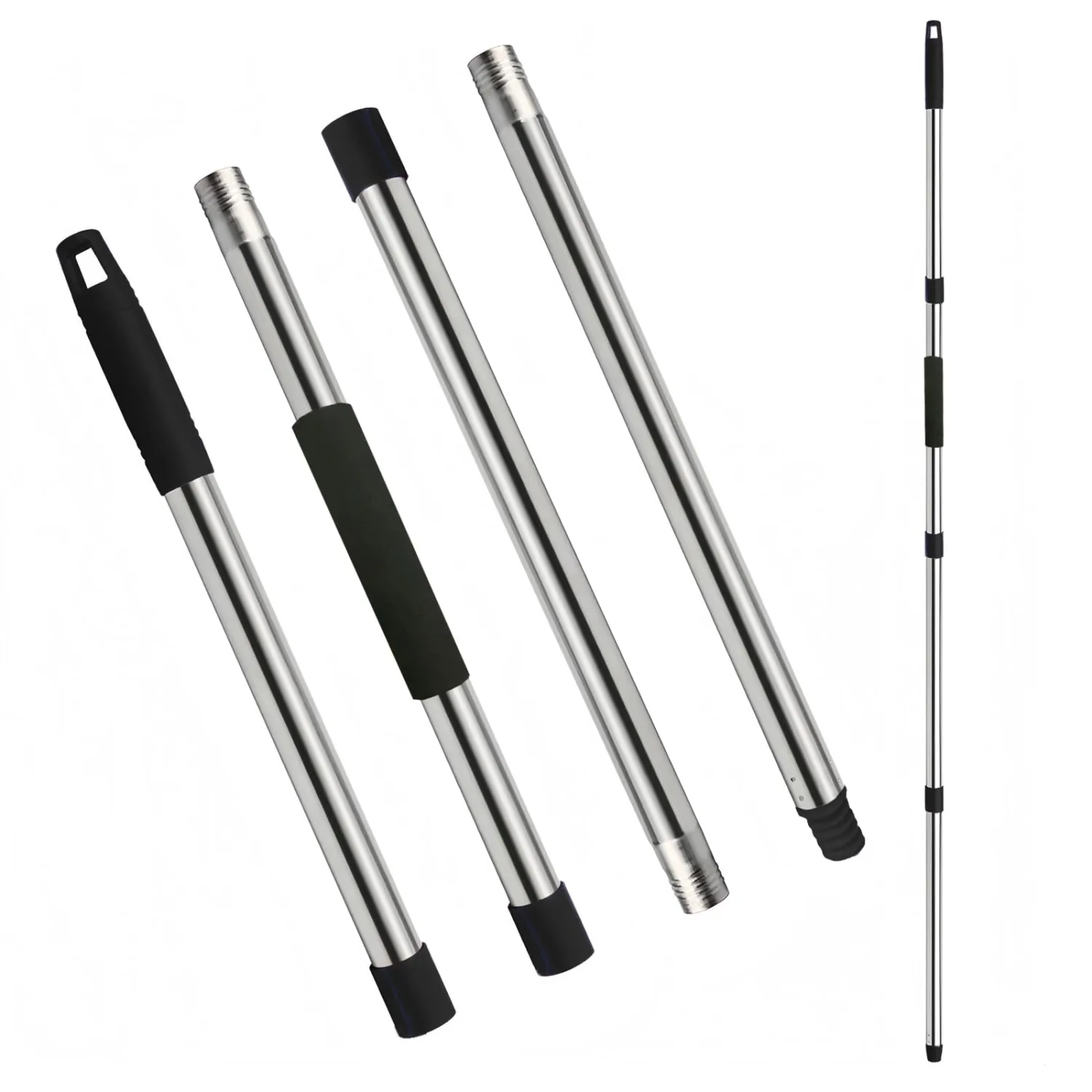 Mop Handle Replacement - 4-Section Adjustable from 30" to 58" - Durable Stainless Steel Mop Pole with American Thread Joint for Spin Mops & Brooms (Black)