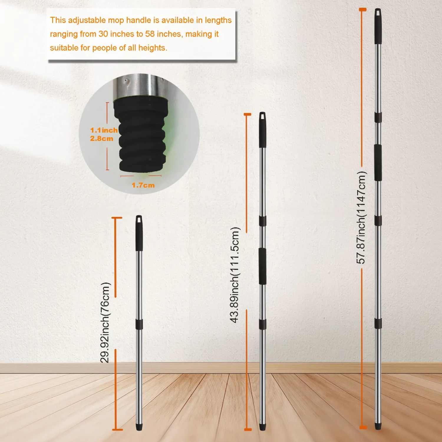 Mop Handle Replacement - 4-Section Adjustable from 30" to 58" - Durable Stainless Steel Mop Pole with American Thread Joint for Spin Mops & Brooms (Black)