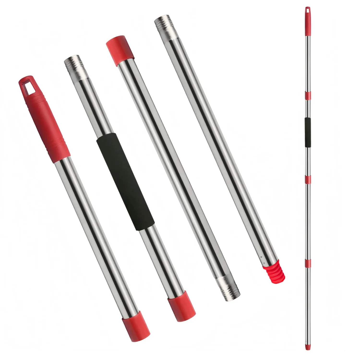 Mop Handle Replacement - 4-Section Adjustable from 30" to 58" - Durable Stainless Steel Mop Pole with American Thread Joint for Spin Mops & Brooms (Red)