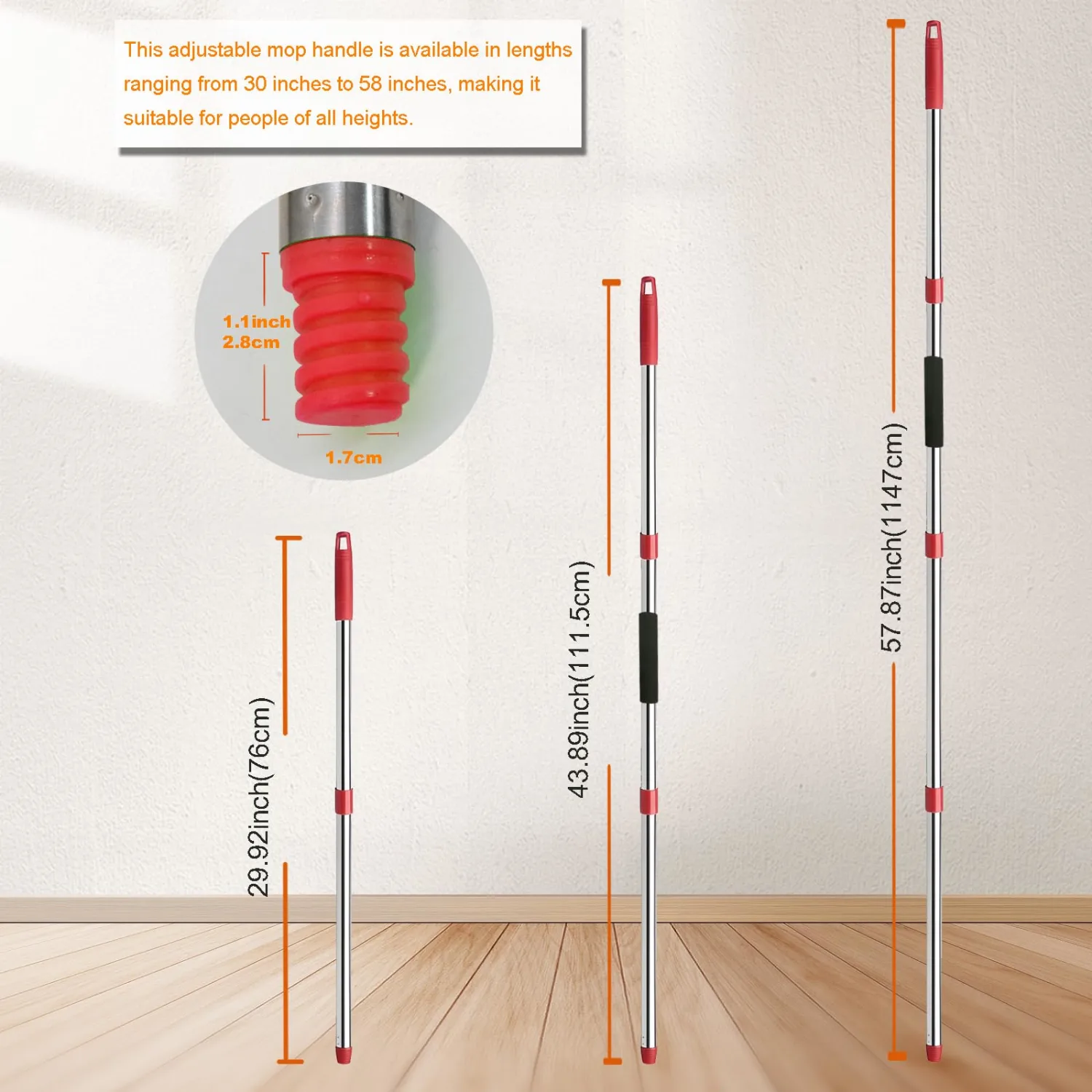 Mop Handle Replacement - 4-Section Adjustable from 30" to 58" - Durable Stainless Steel Mop Pole with American Thread Joint for Spin Mops & Brooms (Red)
