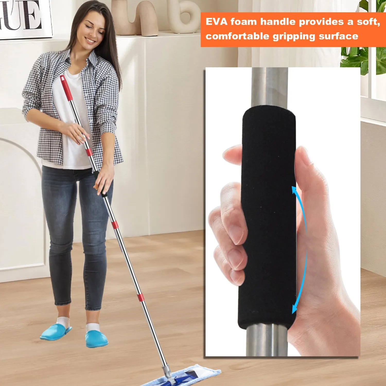 Mop Handle Replacement - 4-Section Adjustable from 30" to 58" - Durable Stainless Steel Mop Pole with American Thread Joint for Spin Mops & Brooms (Red)