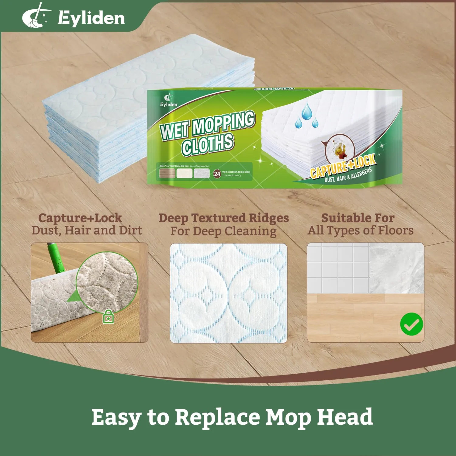 Eyliden 24 Count Wet Pads, Pre-Moistened Cleaner Refill for 10" Sweeper Mop