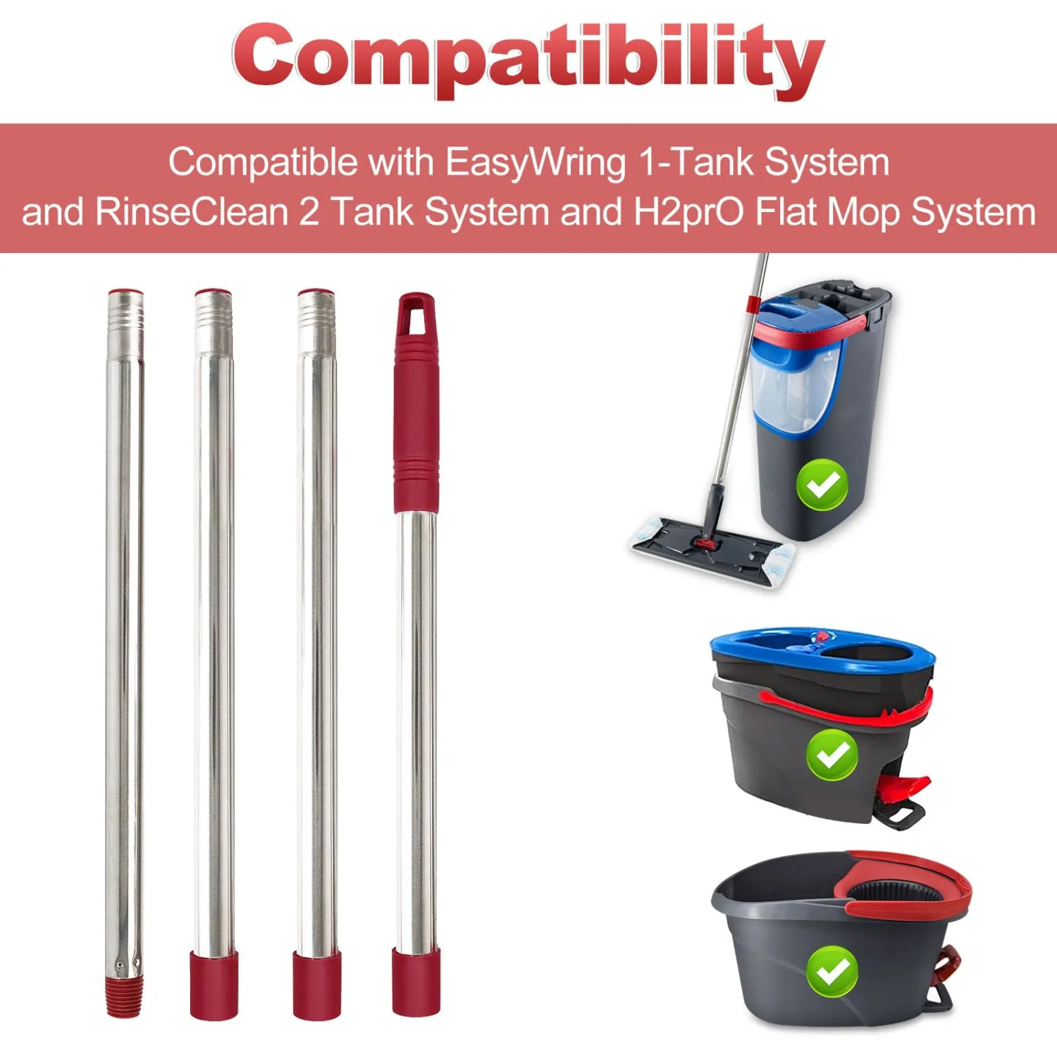 Mop Handle for Ocedar, Mop Handle for O Cedar, Spin Mop Replacement Handle for O Cedar, 4 Section 30" to 58" Mops Handles for Cedar Spin Mops & H2pro Flat Mop