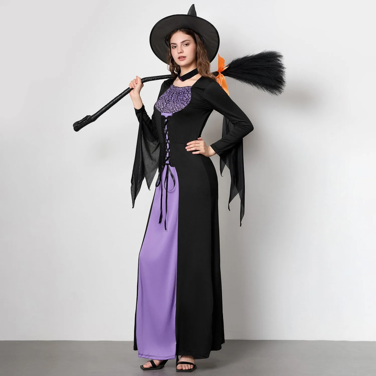 Witch Broom with Ribbon, Halloween Decoration Party Favor Photo Booth Accessories (Black-2)