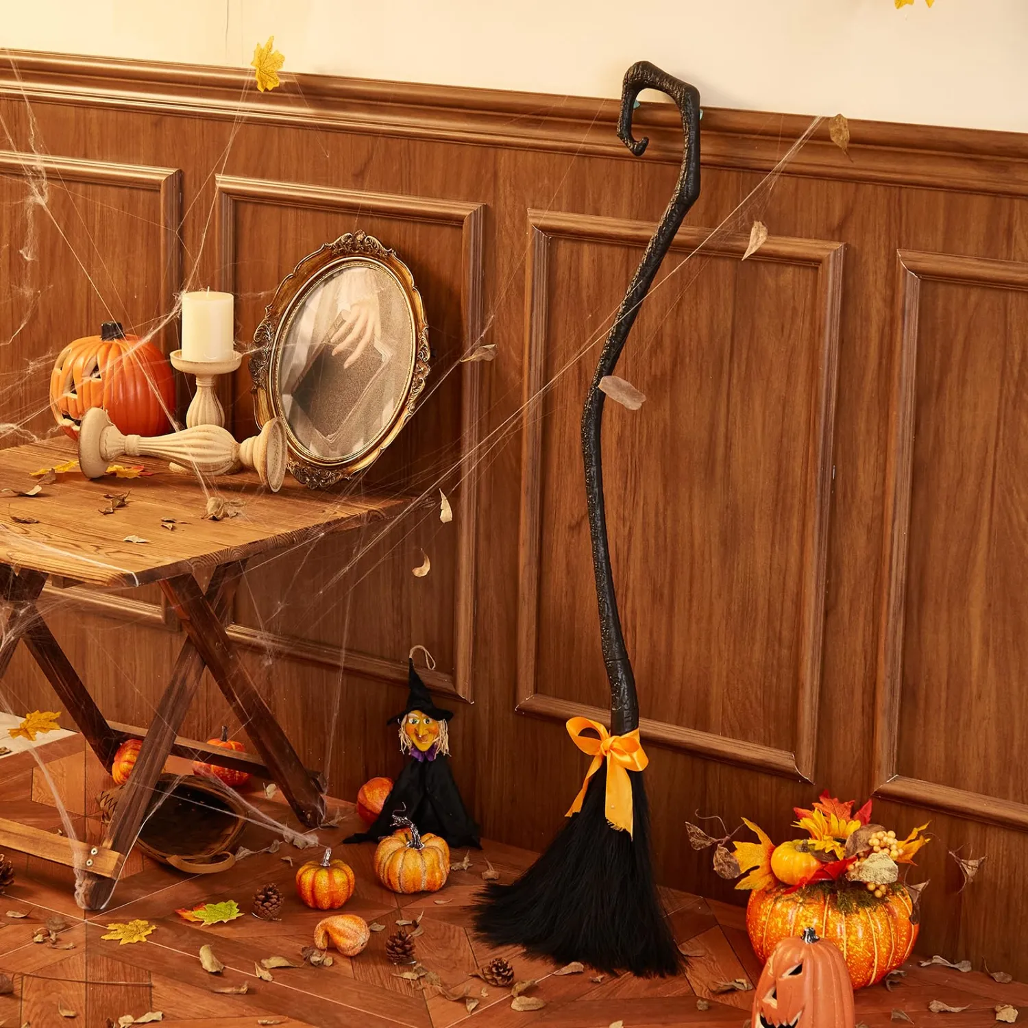 Witch Broom with Ribbon, Halloween Decoration Party Favor Photo Booth Accessories (Black-2)