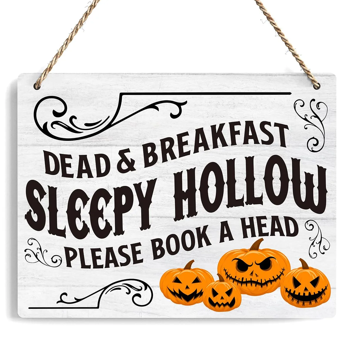 Halloween Signs For Front Door, Dead and Breakfast Sleepy Hollow Halloween Decoration, Halloween Welcome Signs Indoor Outdoor, Wall Decor Hanging Farmhouse Sign, Set Of 1 Wooden Sign With Rope - G02