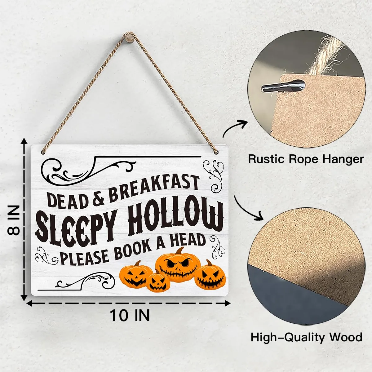 Halloween Signs For Front Door, Dead and Breakfast Sleepy Hollow Halloween Decoration, Halloween Welcome Signs Indoor Outdoor, Wall Decor Hanging Farmhouse Sign, Set Of 1 Wooden Sign With Rope - G02