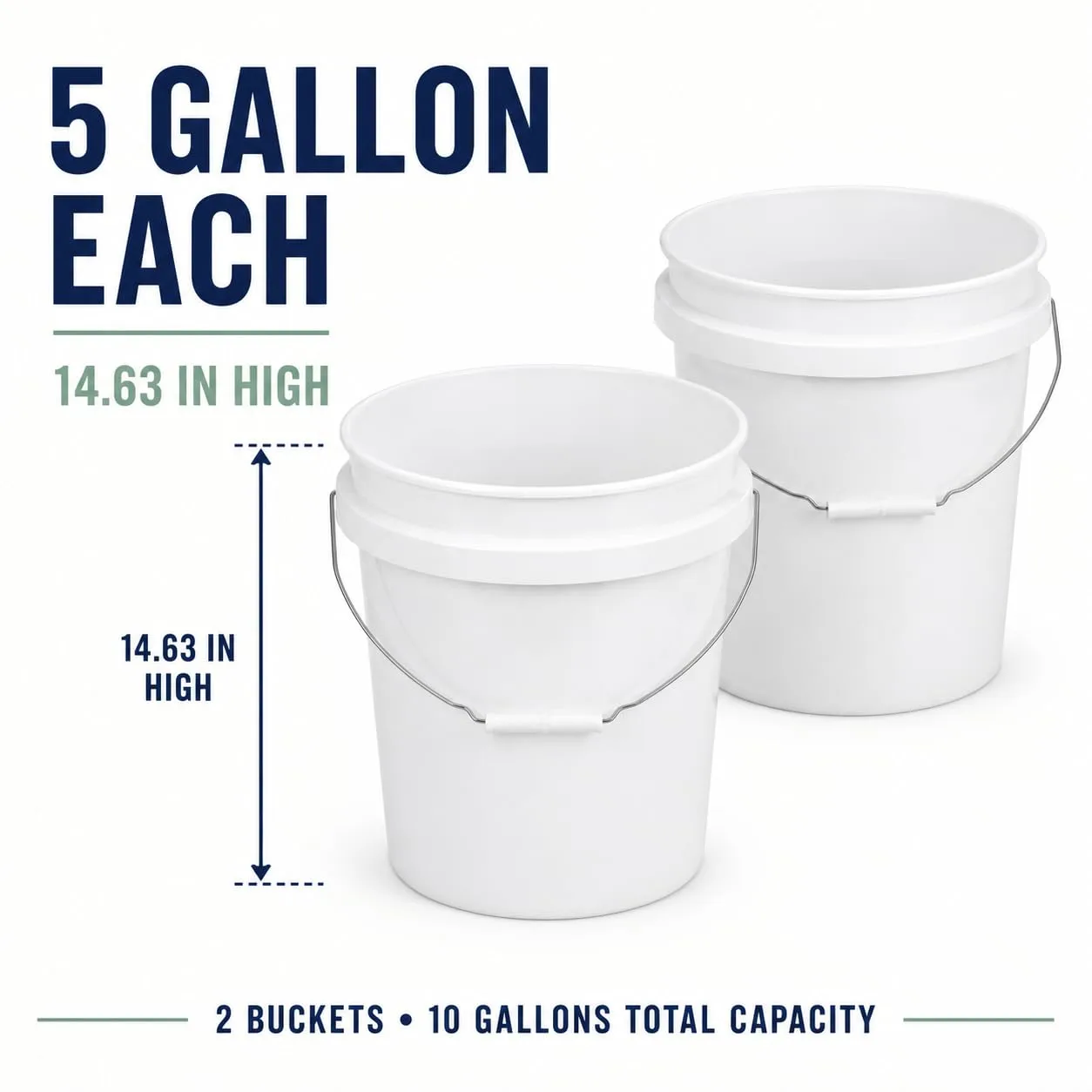 2 Pack 5 Gal White Buckets, Plastic, with Handles, Stackable