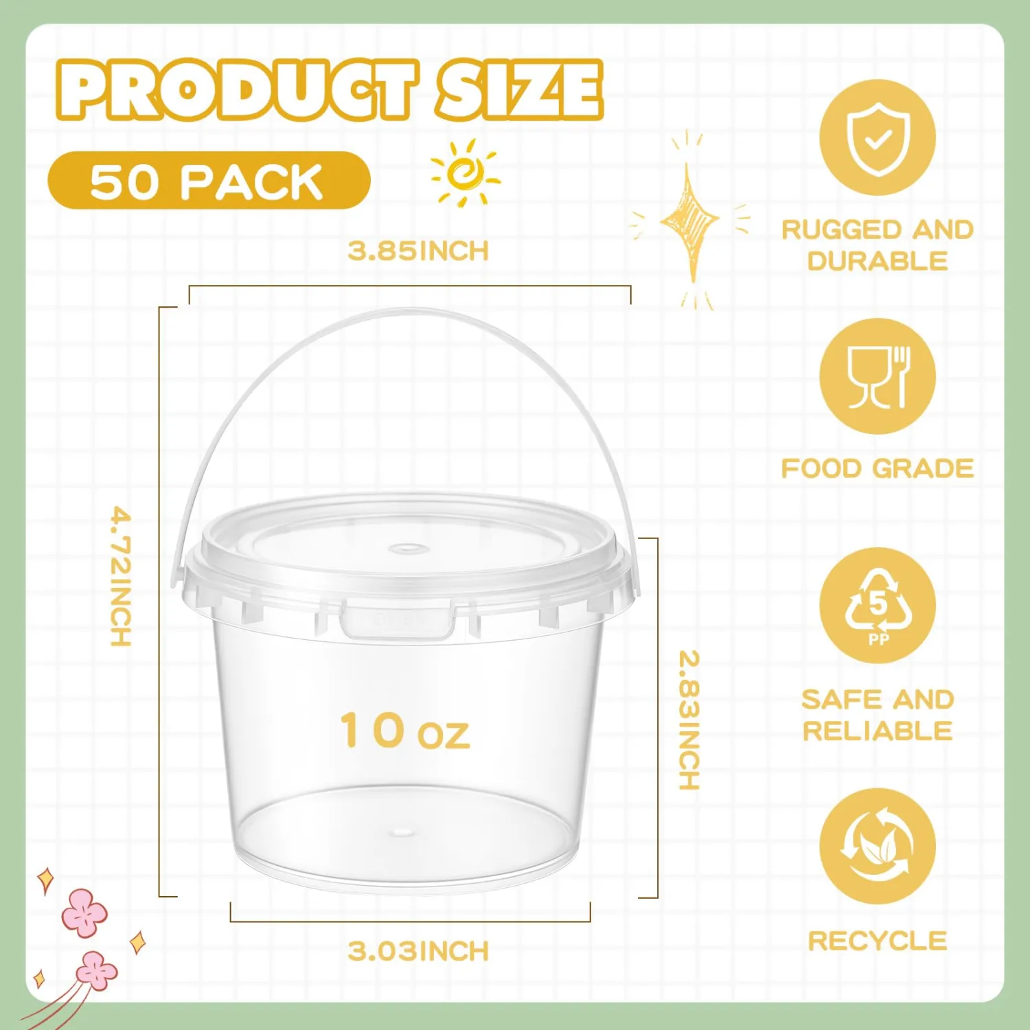 50 Pack 10 oz Slime Containers with Lids, Clear Mini Buckets with Handles