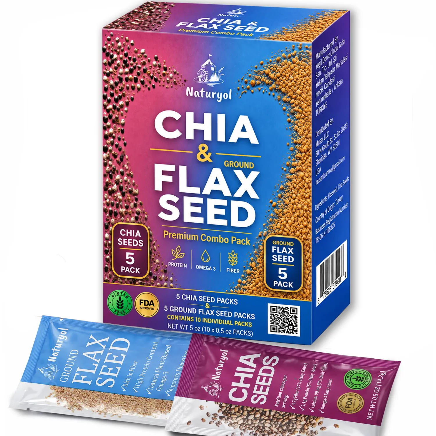 Naturyol Chia and Flax Seed Blend Sticks, Flax Chia Seed Blend, Ground Flax Seeds and Chia Seeds Travel Packets, Individual Packets,Super Seeds, (5 Chia + 5 Flax, 0.5 oz Pack of 10)