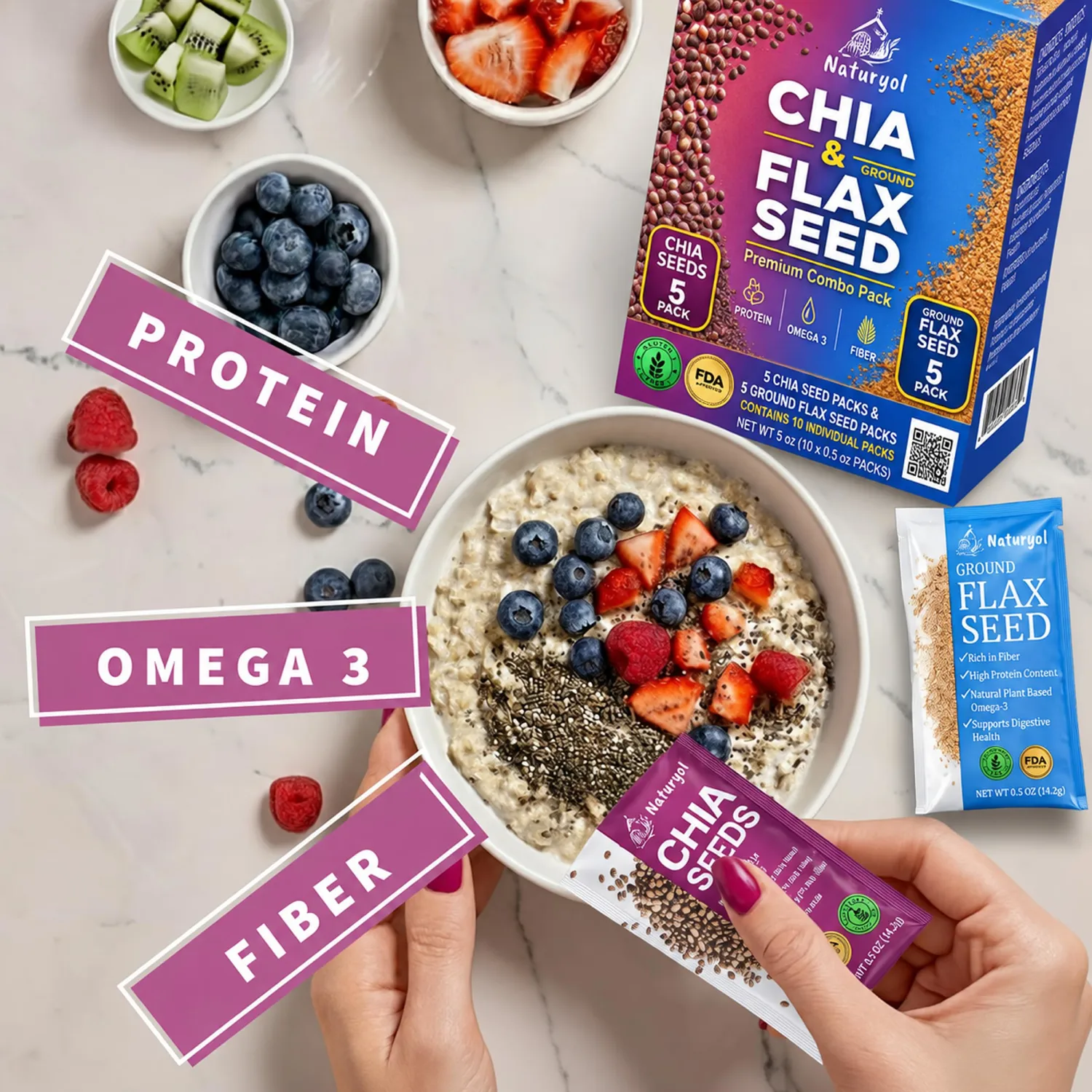 Naturyol Chia and Flax Seed Blend Sticks, Flax Chia Seed Blend, Ground Flax Seeds and Chia Seeds Travel Packets, Individual Packets,Super Seeds, (5 Chia + 5 Flax, 0.5 oz Pack of 10)
