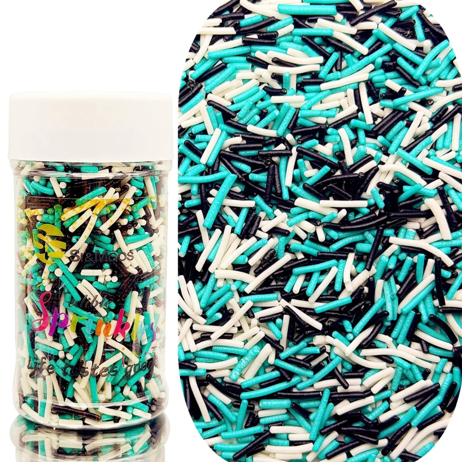 SE Si&Moos Teal Black White Jimmies Sprinkles Black and Teal Sprinkles 3 OZ