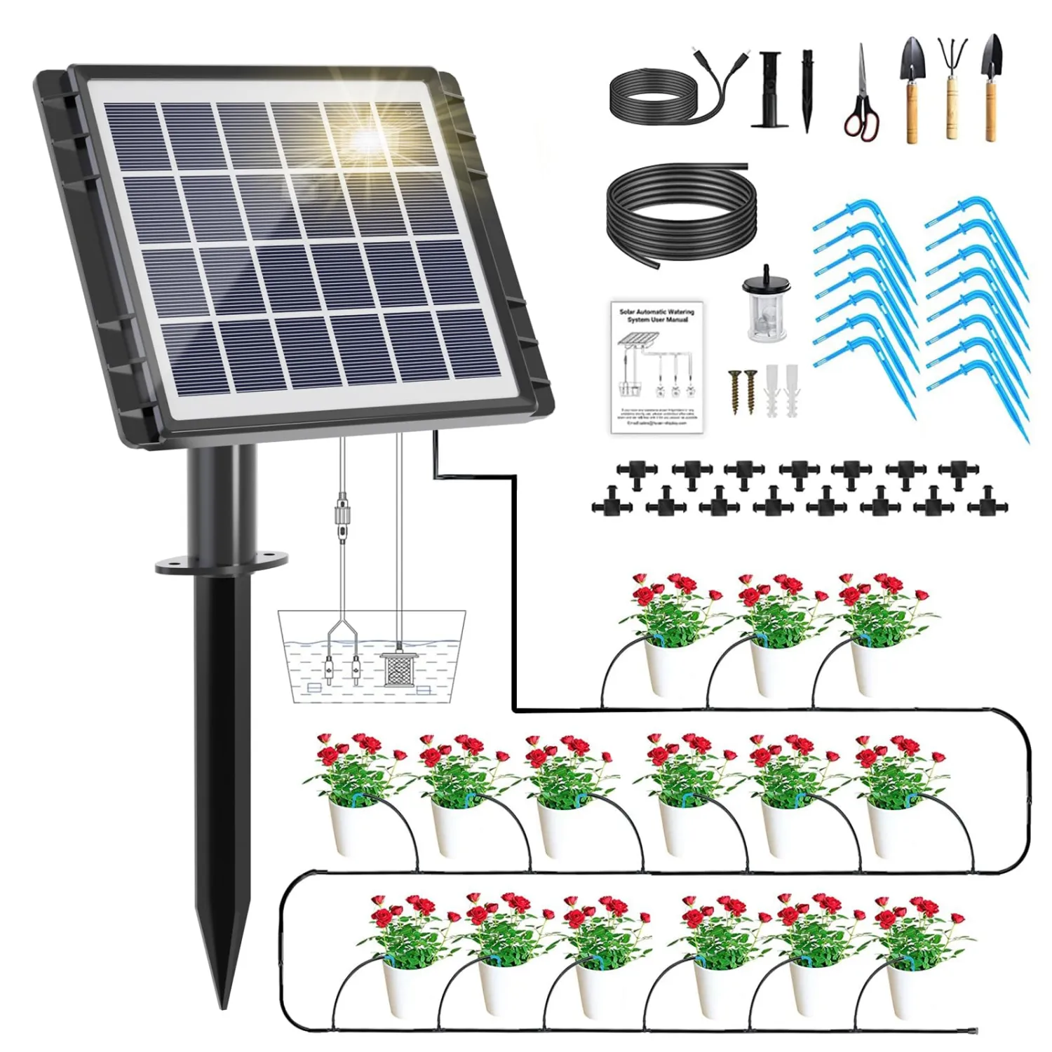 49FT Solar Drip Irrigation System Kit, Auto Watering for 15 Pots