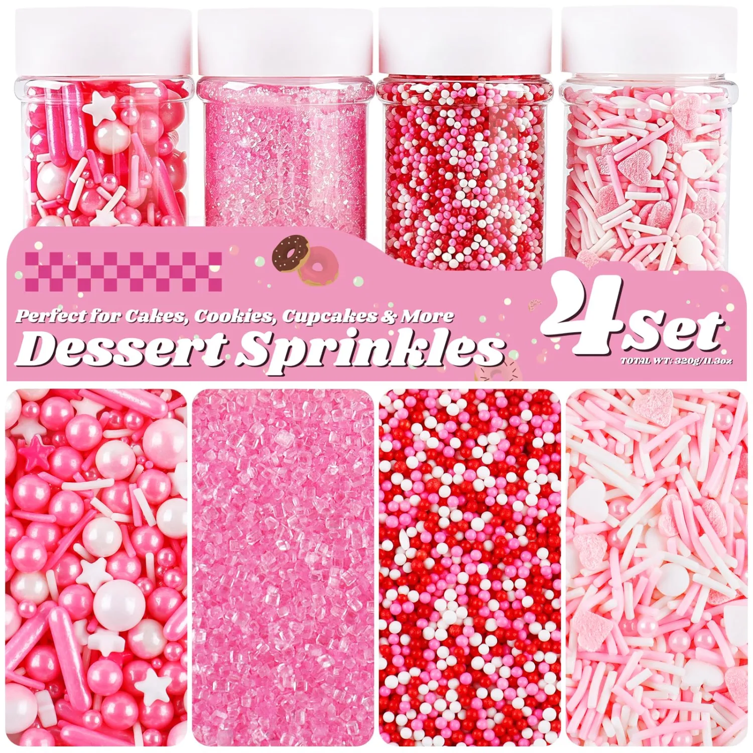 Pink Sprinkles, 11.3oz Edible Pearls Nonpareils Jimmies Sugar Sprinkles