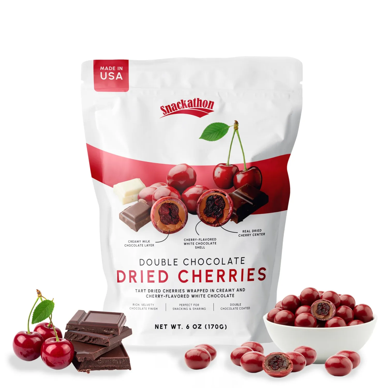 Snackathon Double Chocolate Covered Cherries, 6 OZ Resealable Bag, Tart Dried Red Cherries Coated in Creamy Milk Chocolate & White Chocolate, Indulgent for Snacking & Gifting