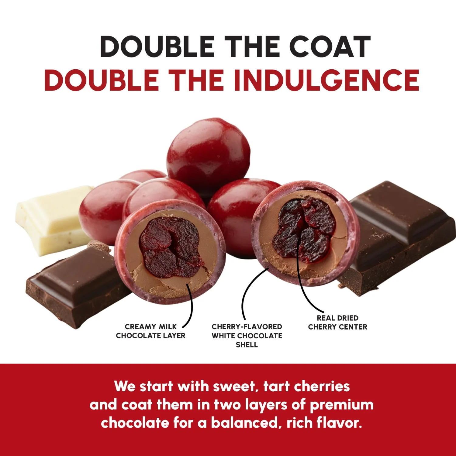 Snackathon Double Chocolate Covered Cherries, 6 OZ Resealable Bag, Tart Dried Red Cherries Coated in Creamy Milk Chocolate & White Chocolate, Indulgent for Snacking & Gifting