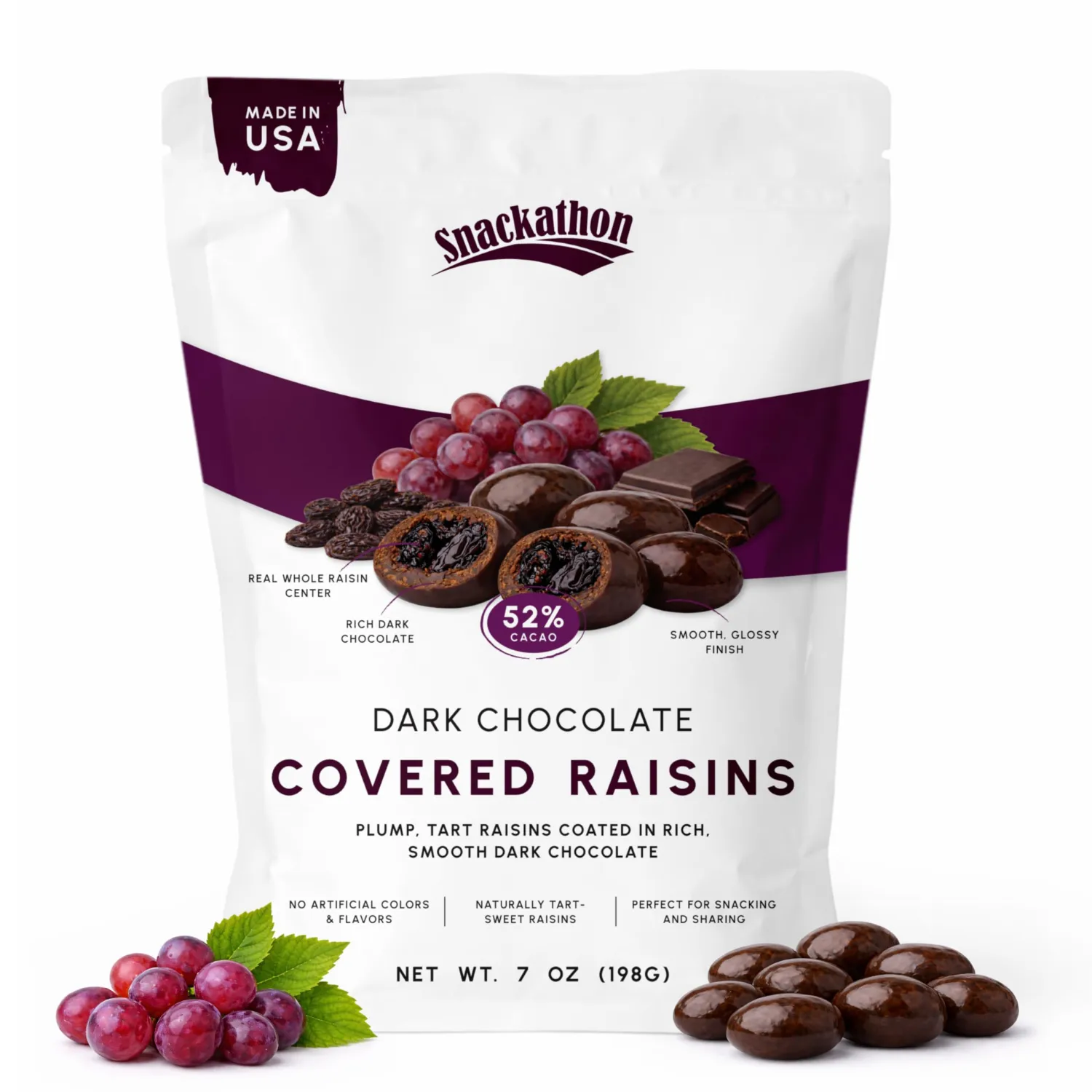 Snackathon 52% Dark Chocolate Covered Raisins, 7 OZ Resealable Bag, Sweet Dried Raisins Coated in Rich Dark Chocolate, Indulgent Chocolate Candy for Snacking & Gifting