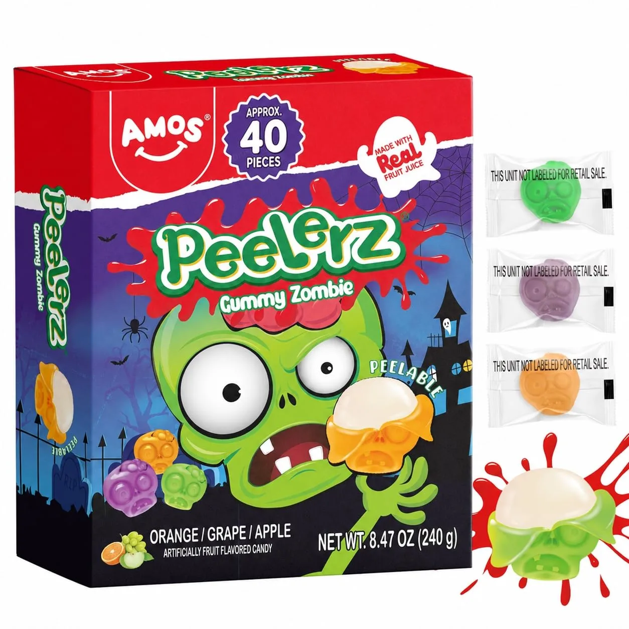 AMOS Peelerz Peelable Gummy Zombie Candy, Approx 40 Pieces, Halloween Novelty Fruit Gummies with Real Fruit Juice, Orange Grape Apple Flavor 3D Zombie Skull Chewy Treats for Trick or Treat Party Favors