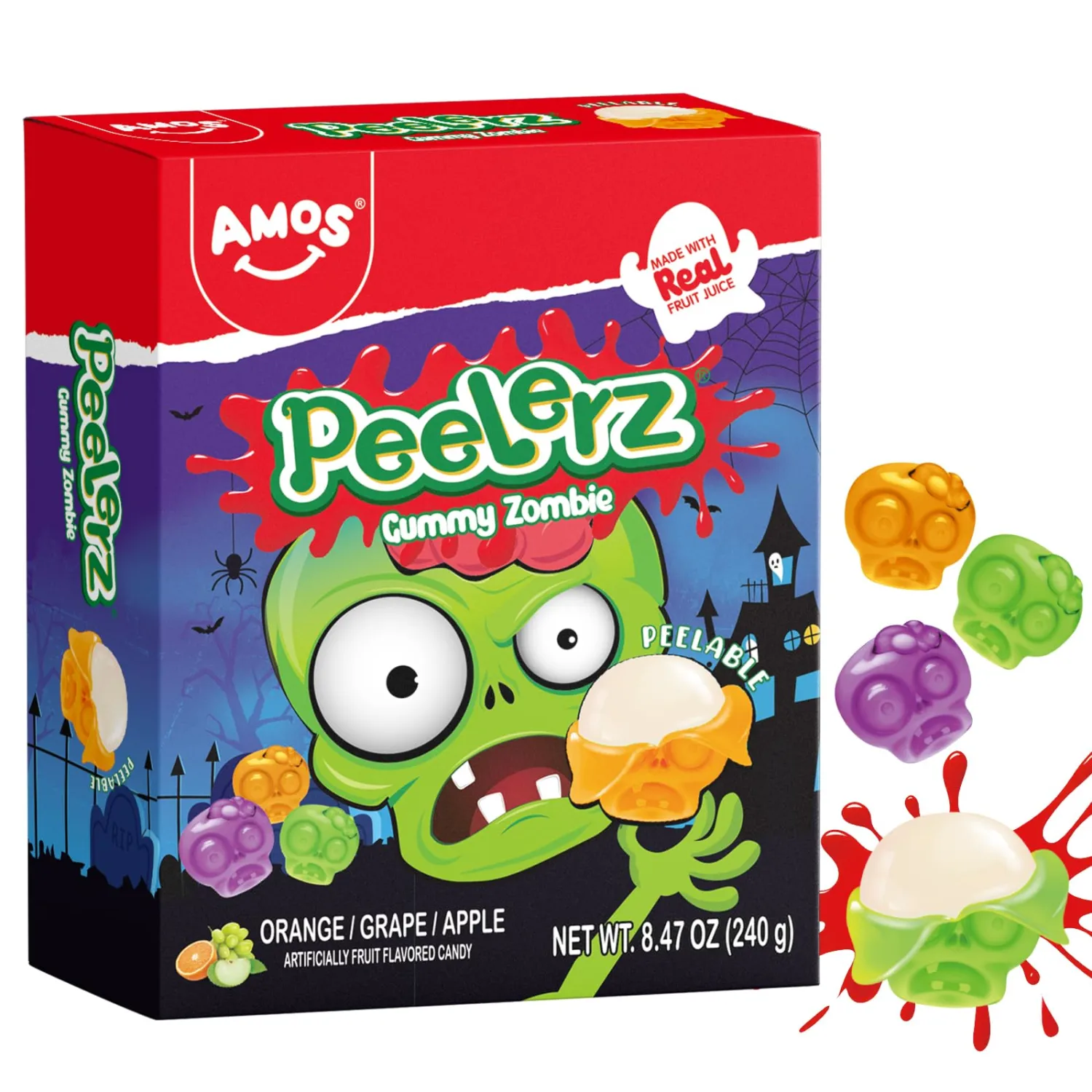 AMOS Peelerz Peelable Gummy Zombie Candy, Approx 40 Pieces, Halloween Novelty Fruit Gummies with Real Fruit Juice, Orange Grape Apple Flavor 3D Zombie Skull Chewy Treats for Trick or Treat Party Favors