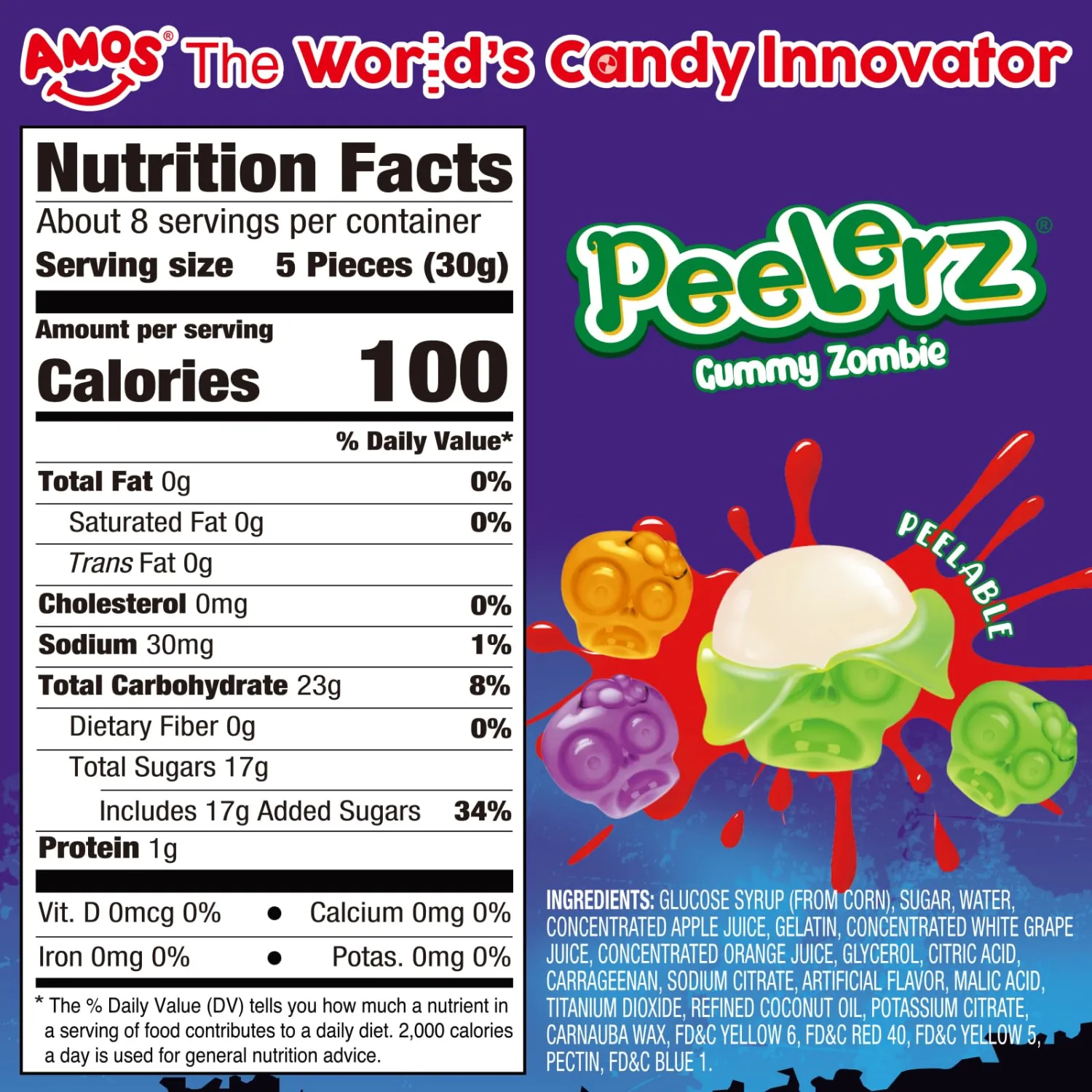 AMOS Peelerz Peelable Gummy Zombie Candy, Approx 40 Pieces, Halloween Novelty Fruit Gummies with Real Fruit Juice, Orange Grape Apple Flavor 3D Zombie Skull Chewy Treats for Trick or Treat Party Favors