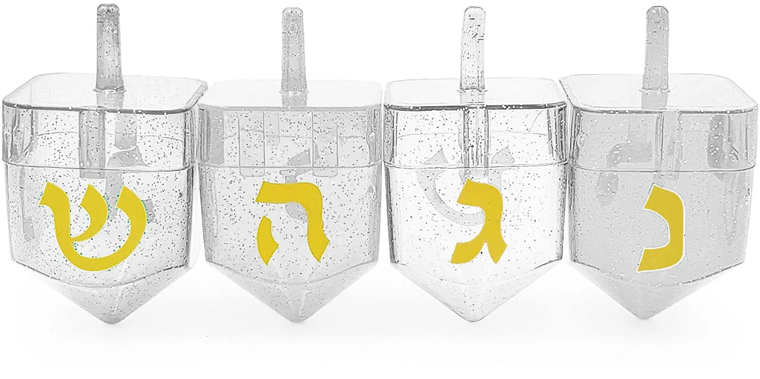 The Dreidel Company Hanukkah Fillable Transparent Clear Can Be Filled with Hanukkah Gelt Or Chocolate (4-Pack)