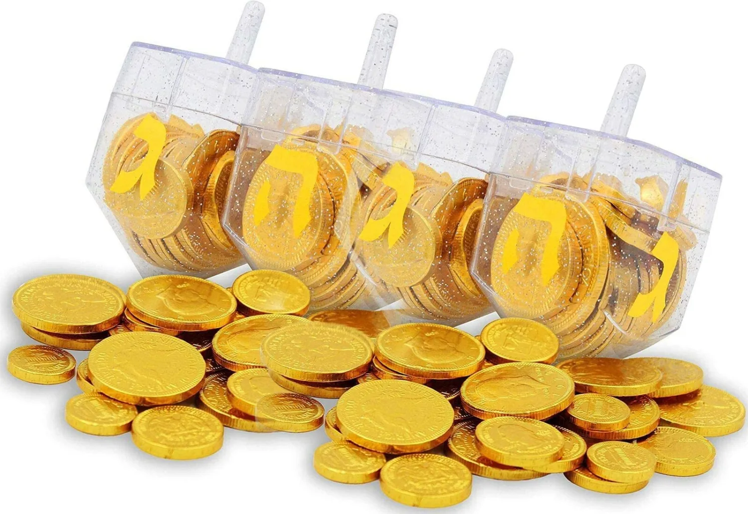 The Dreidel Company Hanukkah Fillable Transparent Clear Can Be Filled with Hanukkah Gelt Or Chocolate (4-Pack)