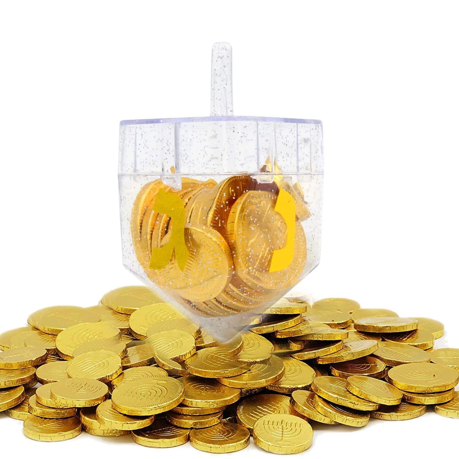 The Dreidel Company Hanukkah Fillable Transparent Clear Can Be Filled with Hanukkah Gelt Or Chocolate (4-Pack)